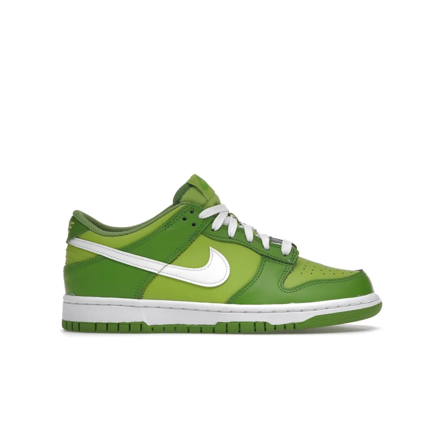 Nike Dunk Low Chlorophyll (GS) - Image 1 - Only at www.BallersClubKickz.com - Grade schoolers release the Nike Dunk Low Chlorophyll (GS) featuring a vivid green leather base with chlorophyll green overlays, plus Nike branding in chlorophyll green. White midsole and outsole complete the design. Released Jan 2022.