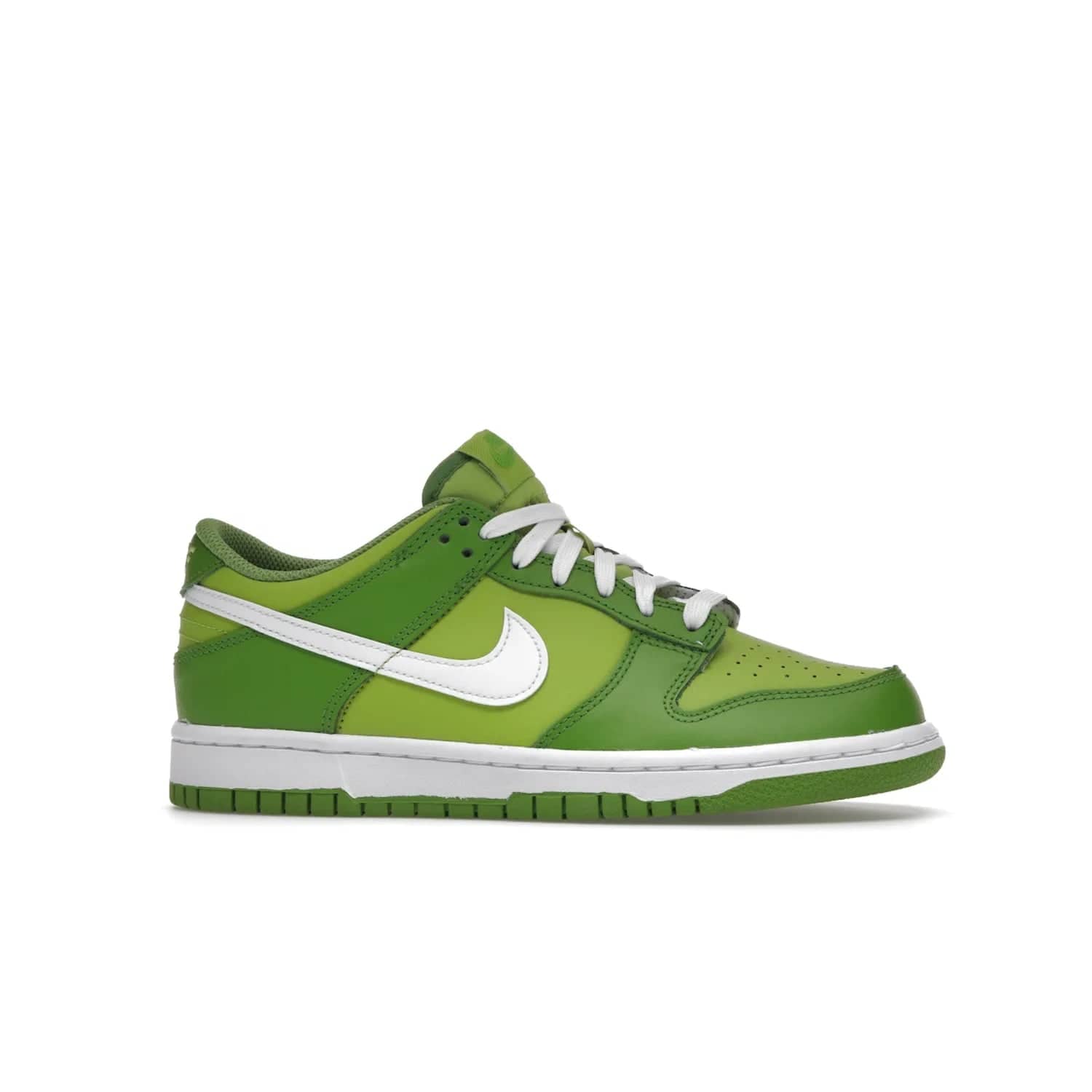 Nike Dunk Low Chlorophyll (GS) - Image 2 - Only at www.BallersClubKickz.com - Grade schoolers release the Nike Dunk Low Chlorophyll (GS) featuring a vivid green leather base with chlorophyll green overlays, plus Nike branding in chlorophyll green. White midsole and outsole complete the design. Released Jan 2022.