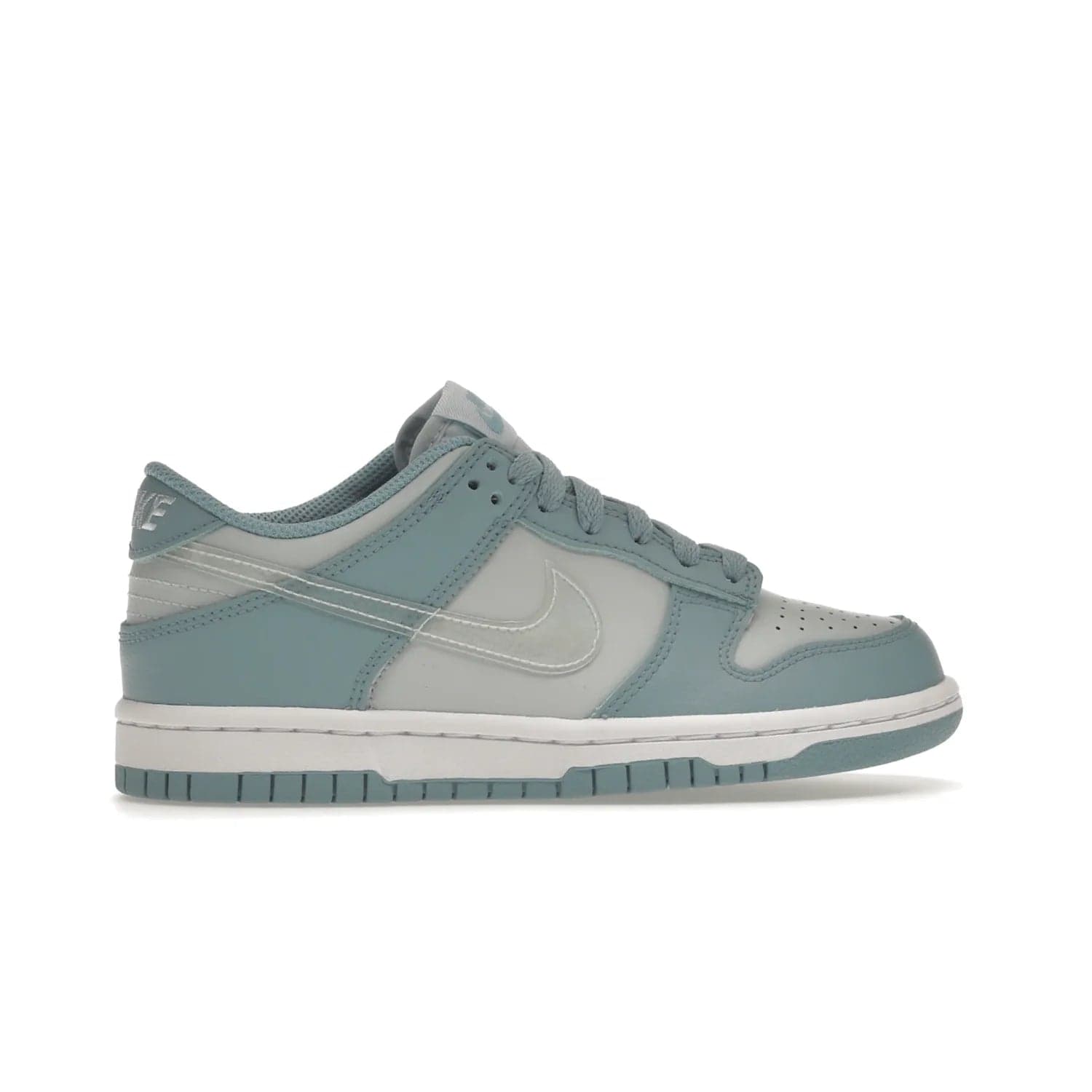 Nike Dunk Low Clear Blue Swoosh (GS) - Image 36 - Only at www.BallersClubKickz.com - Glimmer with style in Nike Dunk Low Clear Blue (GS). Tumbled leather and Worn Blue overlays combine for a stunning finish, topped with a Clear TPU Swoosh. White and Worn Blue Air sole complete this cool and affordable design for kids.