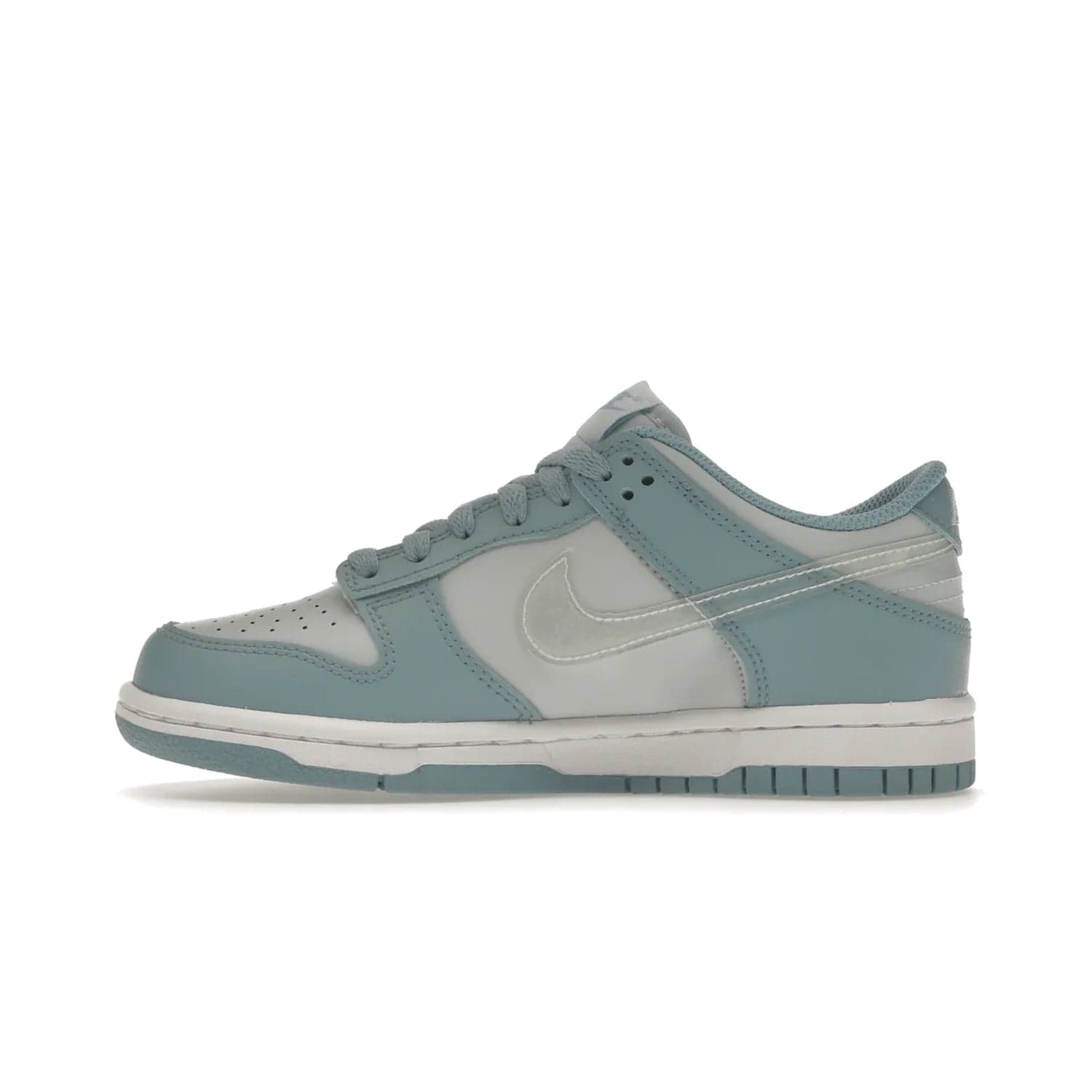 Nike Dunk Low Clear Blue Swoosh (GS) - Image 19 - Only at www.BallersClubKickz.com - Glimmer with style in Nike Dunk Low Clear Blue (GS). Tumbled leather and Worn Blue overlays combine for a stunning finish, topped with a Clear TPU Swoosh. White and Worn Blue Air sole complete this cool and affordable design for kids.