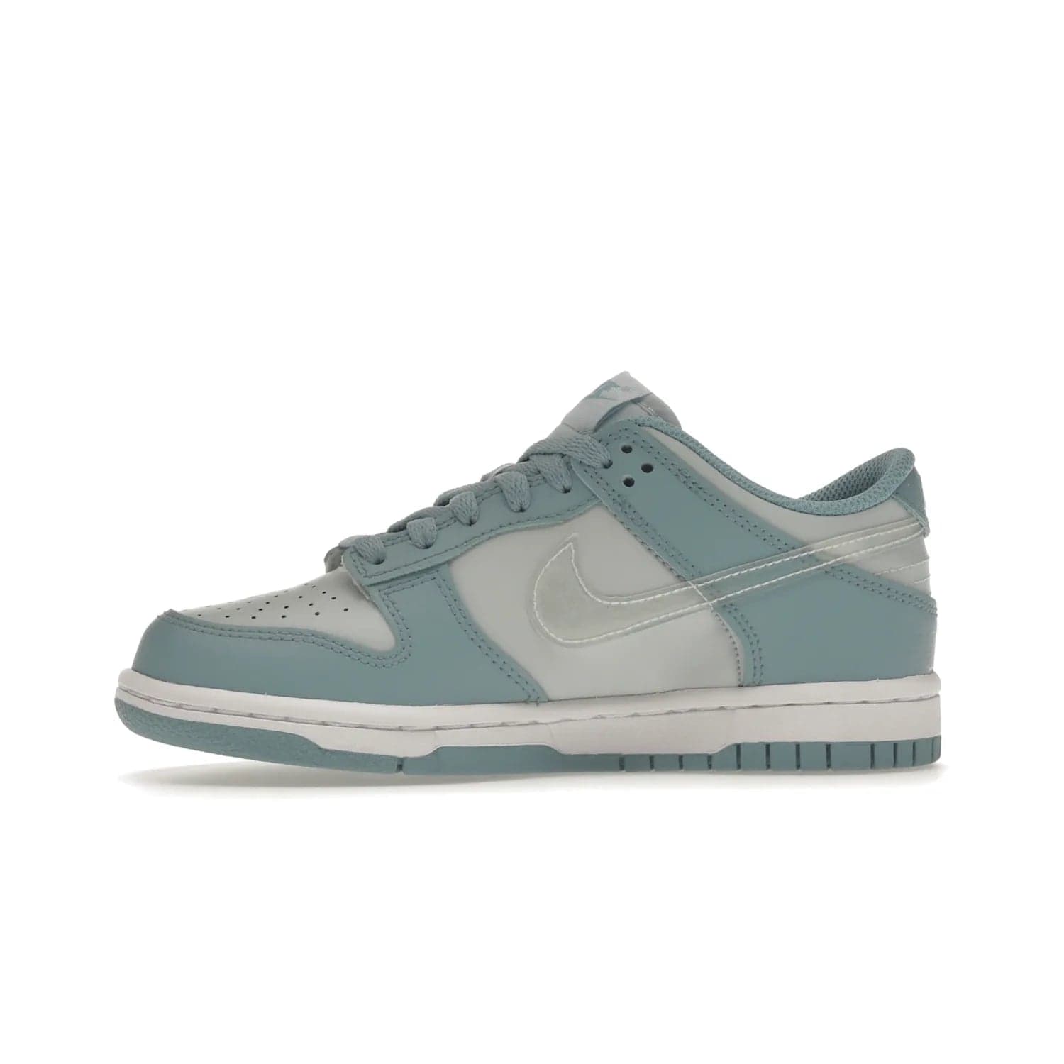 Nike Dunk Low Clear Blue Swoosh (GS) - Image 18 - Only at www.BallersClubKickz.com - Glimmer with style in Nike Dunk Low Clear Blue (GS). Tumbled leather and Worn Blue overlays combine for a stunning finish, topped with a Clear TPU Swoosh. White and Worn Blue Air sole complete this cool and affordable design for kids.