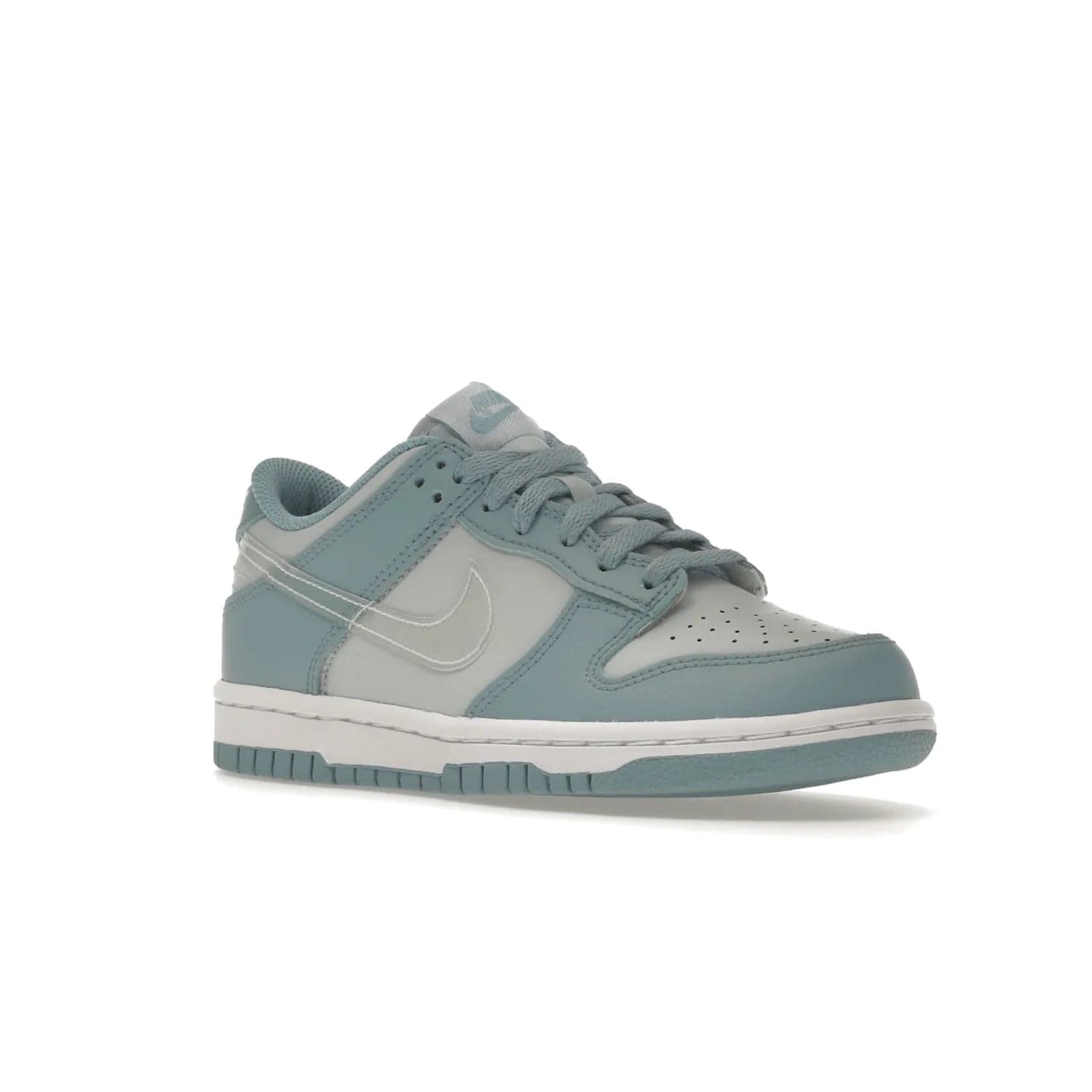 Nike Dunk Low Clear Blue Swoosh (GS) - Image 5 - Only at www.BallersClubKickz.com - Glimmer with style in Nike Dunk Low Clear Blue (GS). Tumbled leather and Worn Blue overlays combine for a stunning finish, topped with a Clear TPU Swoosh. White and Worn Blue Air sole complete this cool and affordable design for kids.