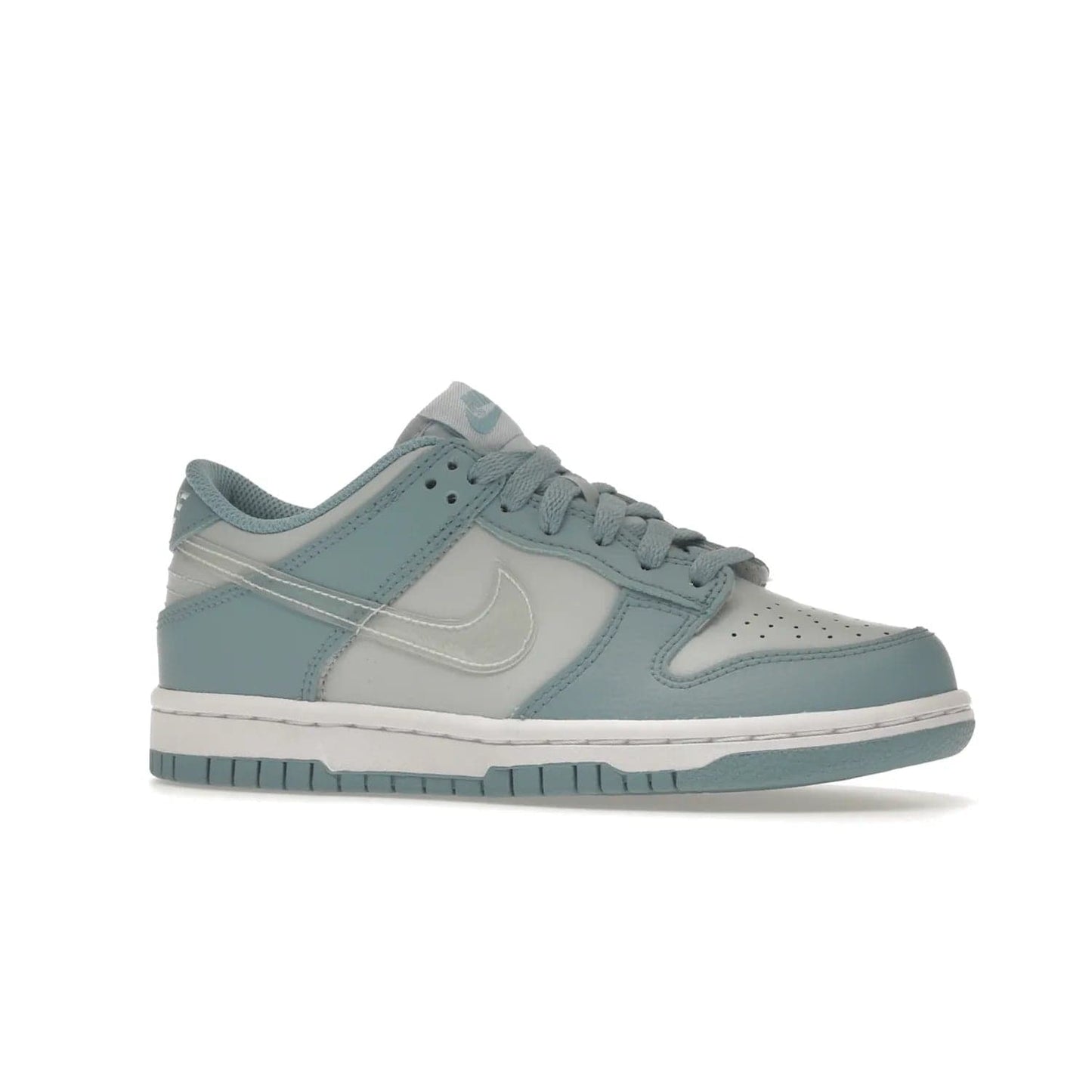 Nike Dunk Low Clear Blue Swoosh (GS) - Image 3 - Only at www.BallersClubKickz.com - Glimmer with style in Nike Dunk Low Clear Blue (GS). Tumbled leather and Worn Blue overlays combine for a stunning finish, topped with a Clear TPU Swoosh. White and Worn Blue Air sole complete this cool and affordable design for kids.