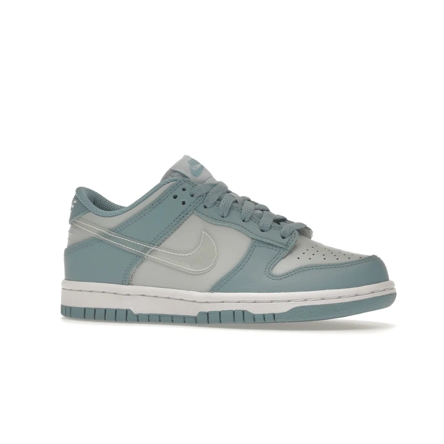 Nike Dunk Low Clear Blue Swoosh (GS) - Image 3 - Only at www.BallersClubKickz.com - Glimmer with style in Nike Dunk Low Clear Blue (GS). Tumbled leather and Worn Blue overlays combine for a stunning finish, topped with a Clear TPU Swoosh. White and Worn Blue Air sole complete this cool and affordable design for kids.