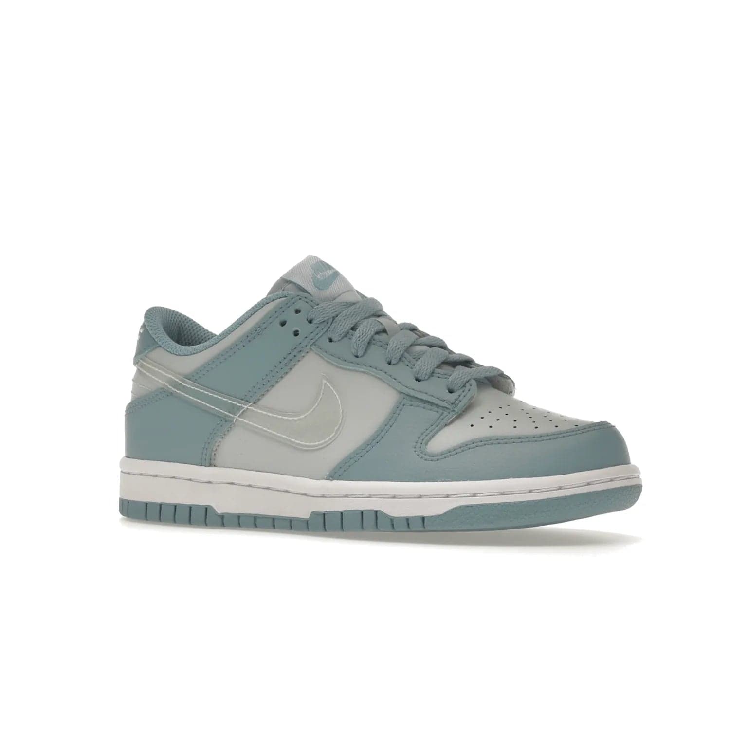 Nike Dunk Low Clear Blue Swoosh (GS) - Image 4 - Only at www.BallersClubKickz.com - Glimmer with style in Nike Dunk Low Clear Blue (GS). Tumbled leather and Worn Blue overlays combine for a stunning finish, topped with a Clear TPU Swoosh. White and Worn Blue Air sole complete this cool and affordable design for kids.