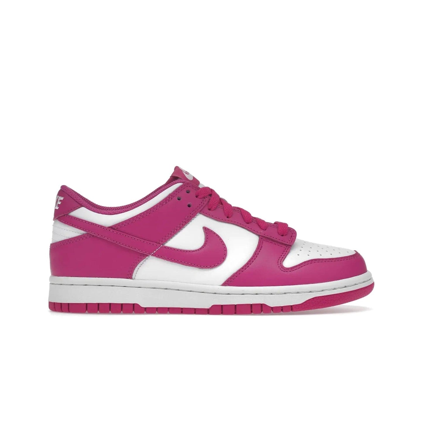Nike Dunk Low Active Fuchsia (GS) - Image 1 - Only at www.BallersClubKickz.com - The Nike Dunk Low Active Fuchsia (GS) features a classic Dunk Low silhouette and vibrant fuchsia accents. Perfect for kids who love style. Available March 1st 2023.