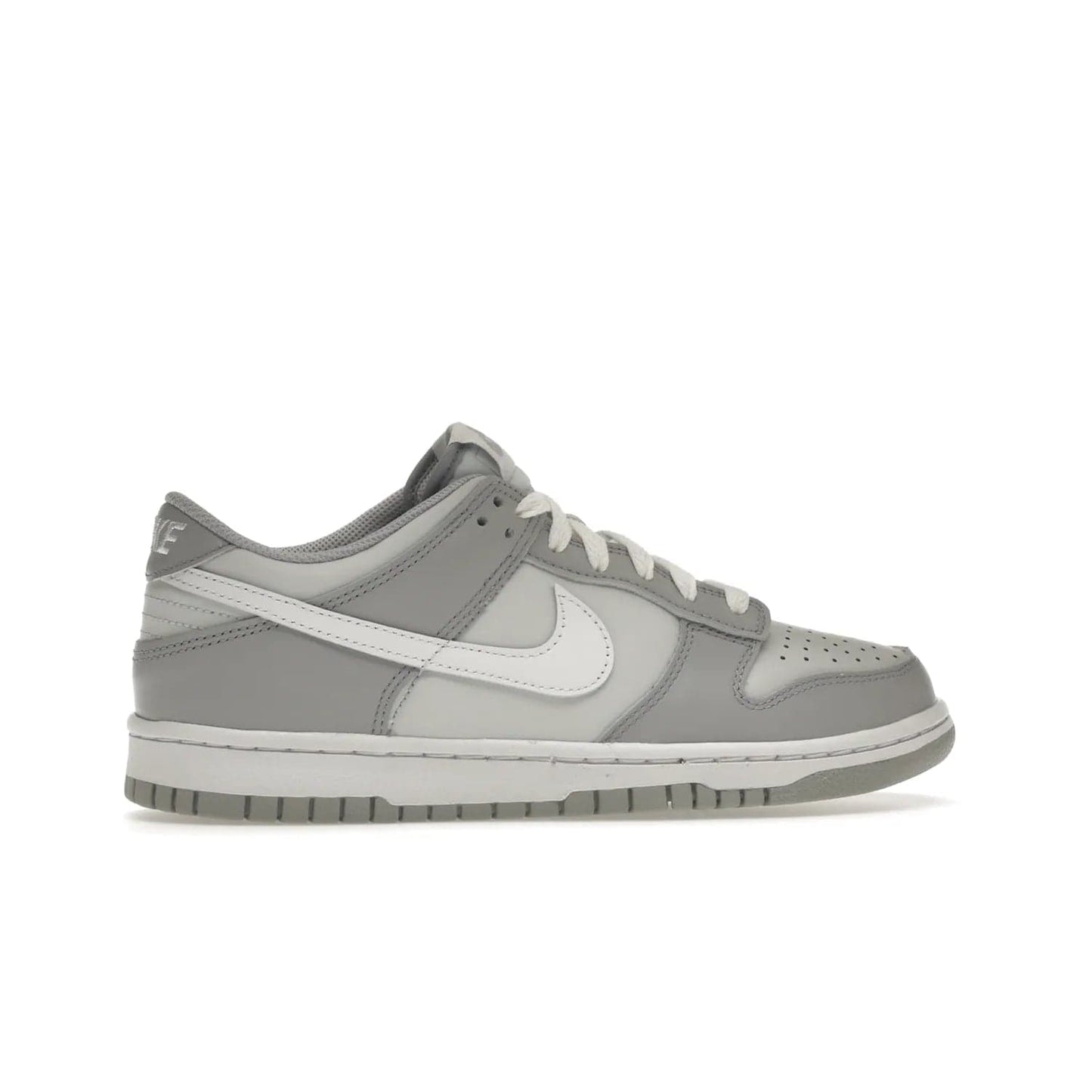 Nike Dunk Low Two-Toned Grey (GS) - Image 36 - Only at www.BallersClubKickz.com - Stylish Nike Dunk Low GS Two-Toned Grey featuring leather build, light/dark grey shades, white Swoosh logo & gray rubber outsole. Get ready to make a statement with this timeless classic released in March 2022.