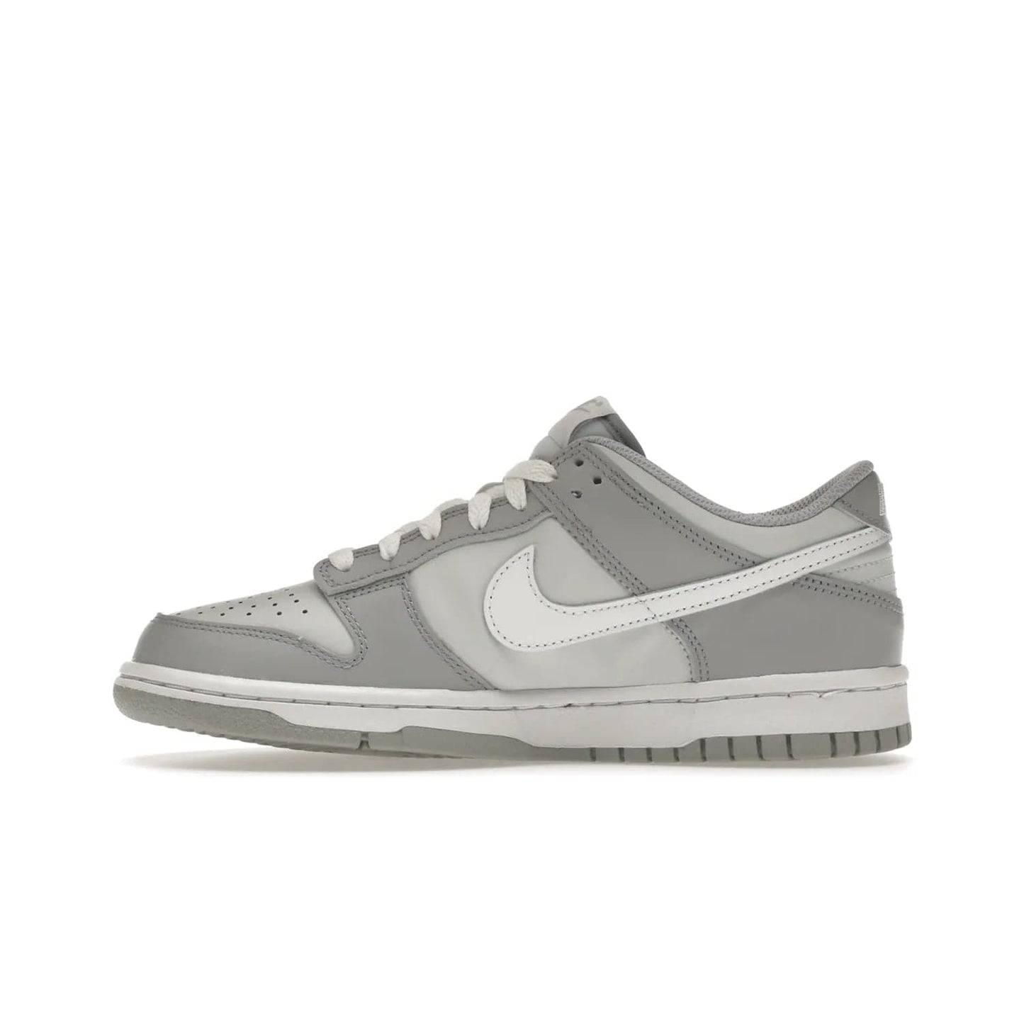 Nike Dunk Low Two-Toned Grey (GS) - Image 19 - Only at www.BallersClubKickz.com - Stylish Nike Dunk Low GS Two-Toned Grey featuring leather build, light/dark grey shades, white Swoosh logo & gray rubber outsole. Get ready to make a statement with this timeless classic released in March 2022.