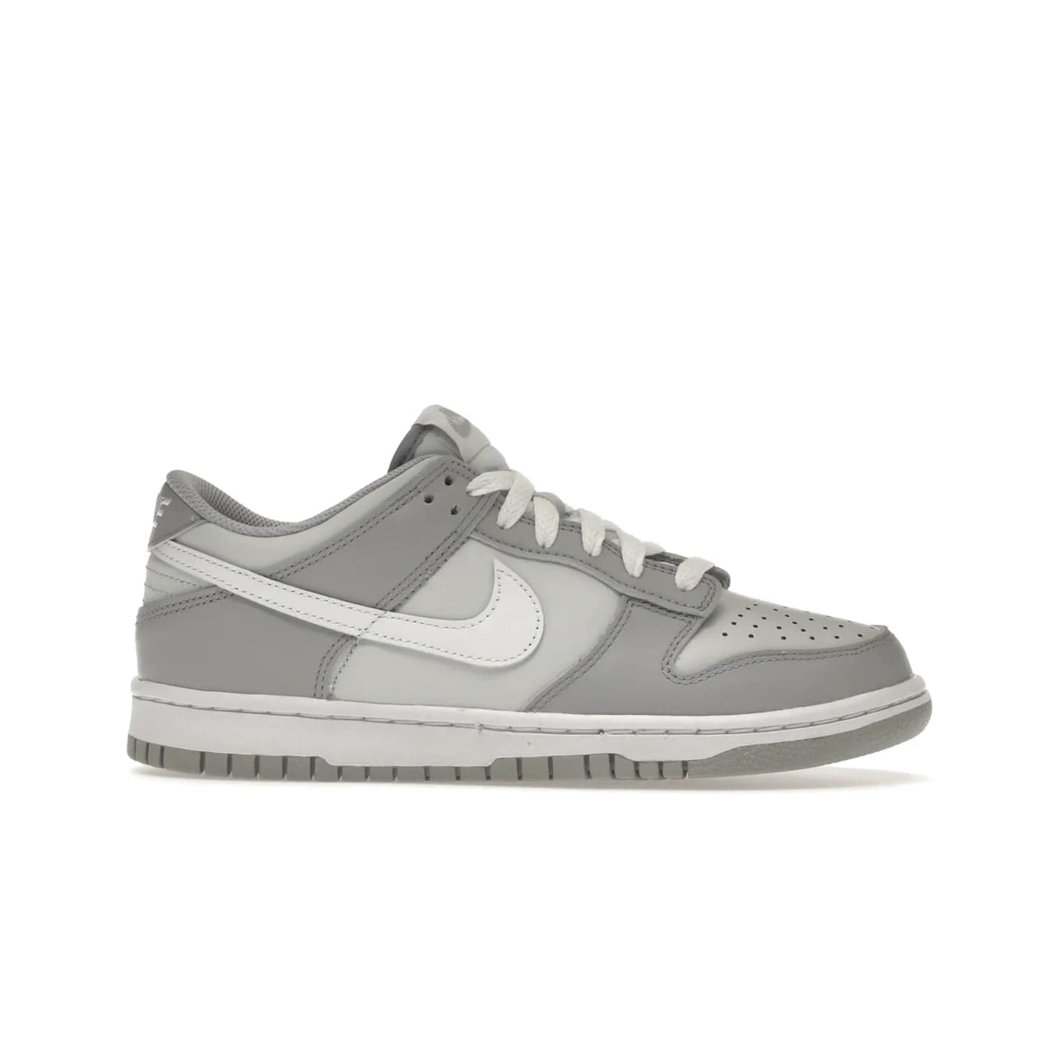 Nike Dunk Low Two-Toned Grey (GS) - Image 2 - Only at www.BallersClubKickz.com - Stylish Nike Dunk Low GS Two-Toned Grey featuring leather build, light/dark grey shades, white Swoosh logo & gray rubber outsole. Get ready to make a statement with this timeless classic released in March 2022.