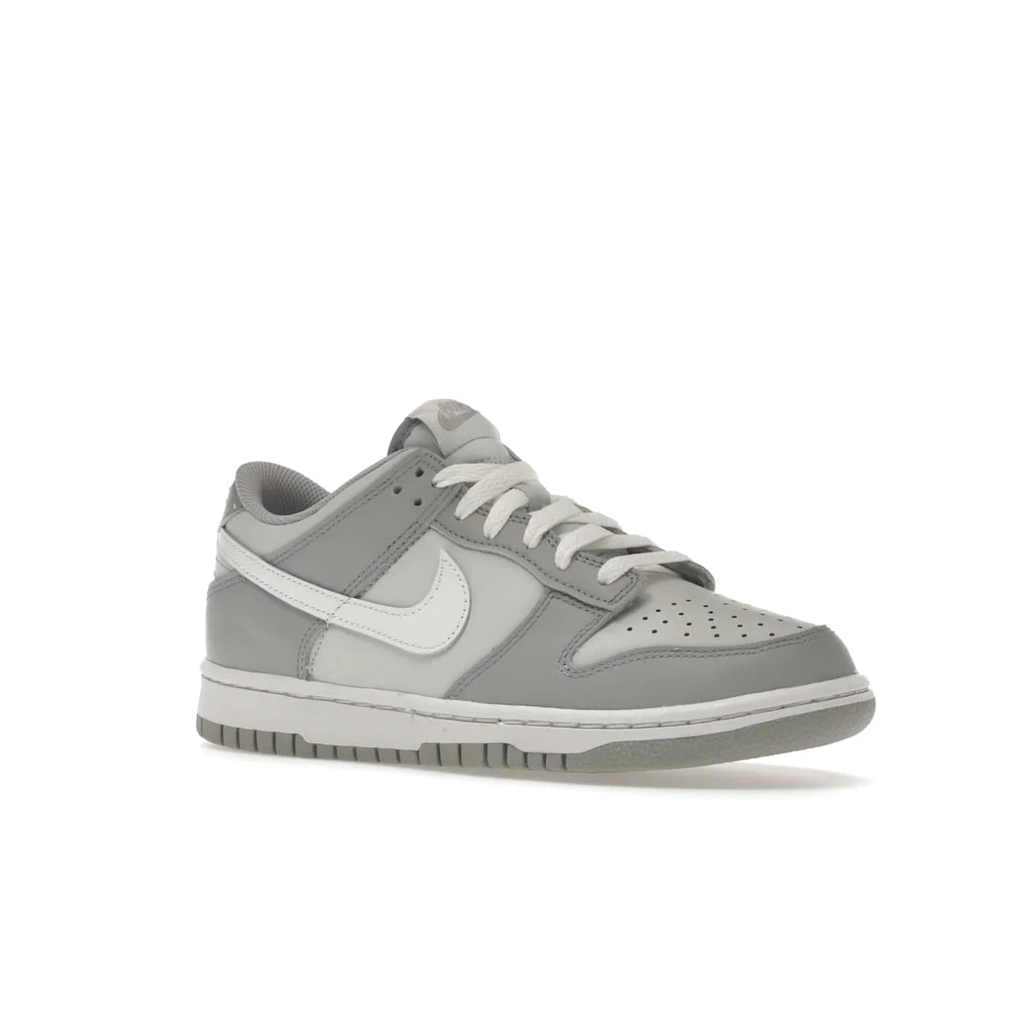 Nike Dunk Low Two-Toned Grey (GS) - Image 5 - Only at www.BallersClubKickz.com - Stylish Nike Dunk Low GS Two-Toned Grey featuring leather build, light/dark grey shades, white Swoosh logo & gray rubber outsole. Get ready to make a statement with this timeless classic released in March 2022.