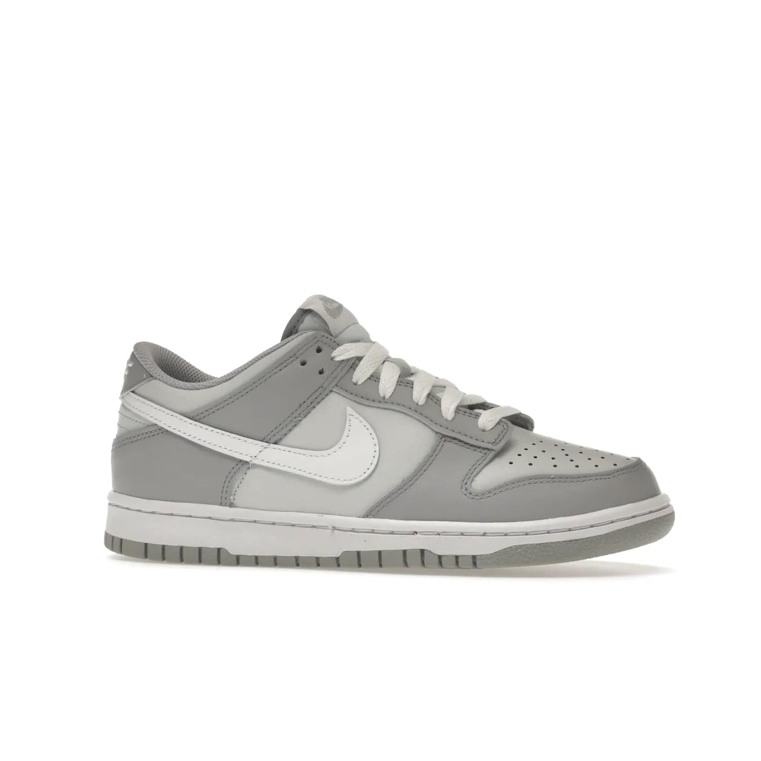 Nike Dunk Low Two-Toned Grey (GS) - Image 3 - Only at www.BallersClubKickz.com - Stylish Nike Dunk Low GS Two-Toned Grey featuring leather build, light/dark grey shades, white Swoosh logo & gray rubber outsole. Get ready to make a statement with this timeless classic released in March 2022.