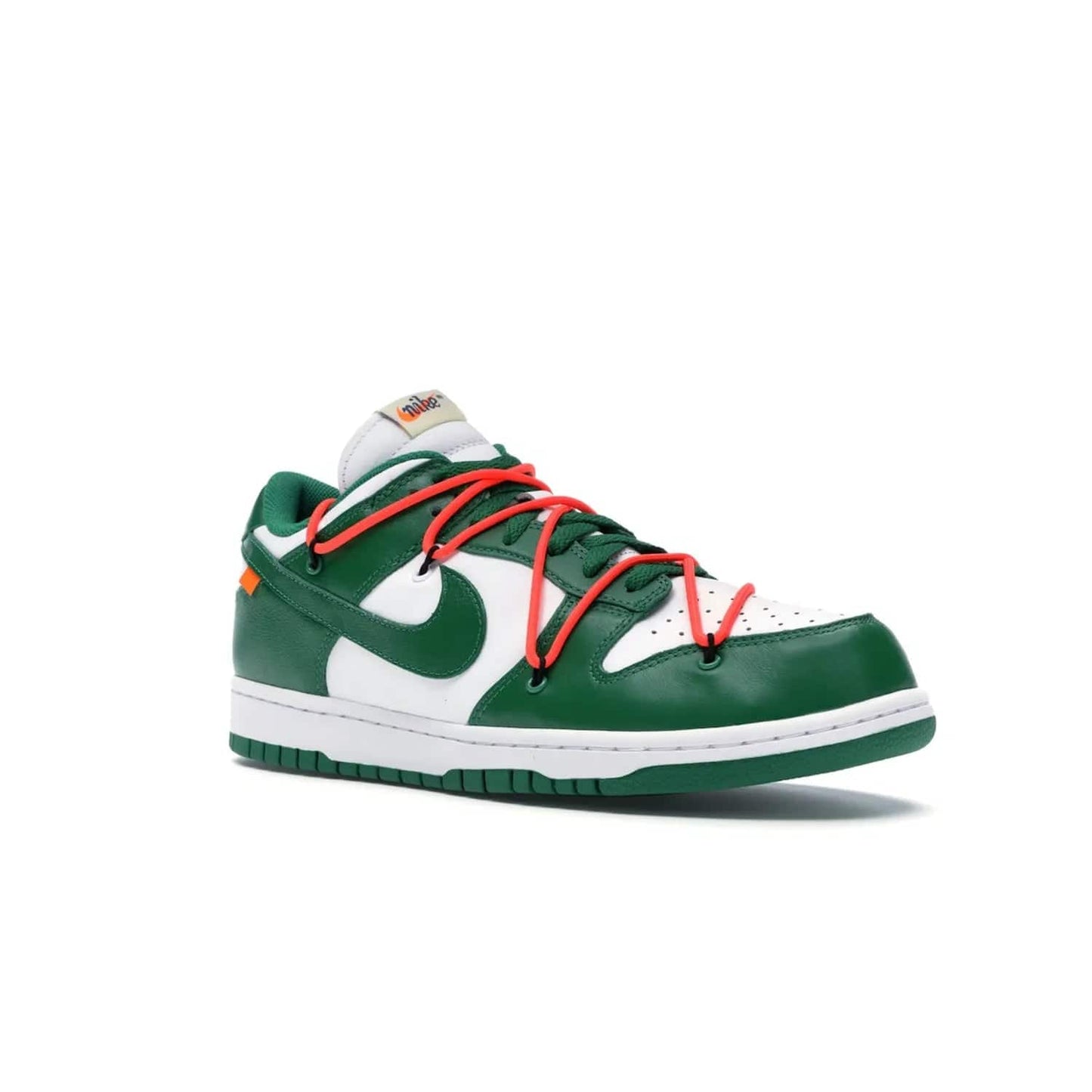 Nike Dunk Low Off-White Pine Green - Image 5 - Only at www.BallersClubKickz.com - The Nike Dunk Low Off-White Pine Green combines classic 1980s style with modern-day design. Featuring white leather uppers and pine green overlays, these classic kicks feature secondary lacing system, zip-ties and signature Off-White text. Releasing in December 2019, these shoes are a timeless classic for any wardrobe.