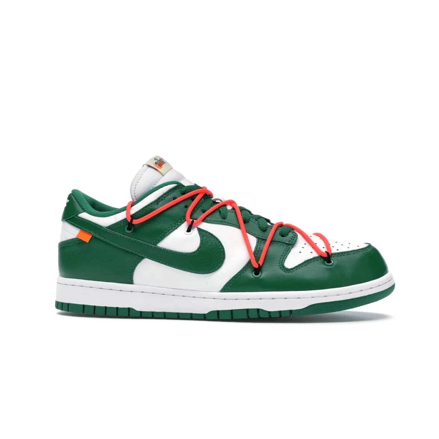 Nike Dunk Low Off-White Pine Green - Image 2 - Only at www.BallersClubKickz.com - The Nike Dunk Low Off-White Pine Green combines classic 1980s style with modern-day design. Featuring white leather uppers and pine green overlays, these classic kicks feature secondary lacing system, zip-ties and signature Off-White text. Releasing in December 2019, these shoes are a timeless classic for any wardrobe.