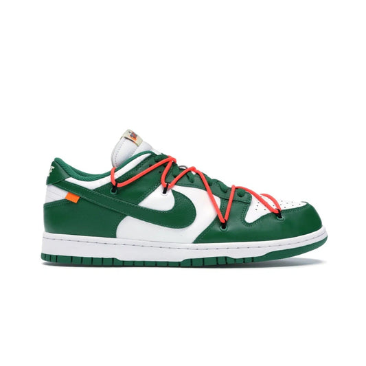 Nike Dunk Low Off-White Pine Green - Image 1 - Only at www.BallersClubKickz.com - The Nike Dunk Low Off-White Pine Green combines classic 1980s style with modern-day design. Featuring white leather uppers and pine green overlays, these classic kicks feature secondary lacing system, zip-ties and signature Off-White text. Releasing in December 2019, these shoes are a timeless classic for any wardrobe.