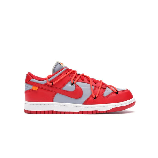 Nike Dunk Low Off-White University Red - Image 1 - Only at www.BallersClubKickz.com - The Nike Dunk Low Off-White University Red offers tribute to classic Nike Basketball silhouettes. Features include wolf grey leather, university red overlays, zip-ties, and Off-White text. Perfect for any sneaker fan, these stylish sneakers released in December of 2019.