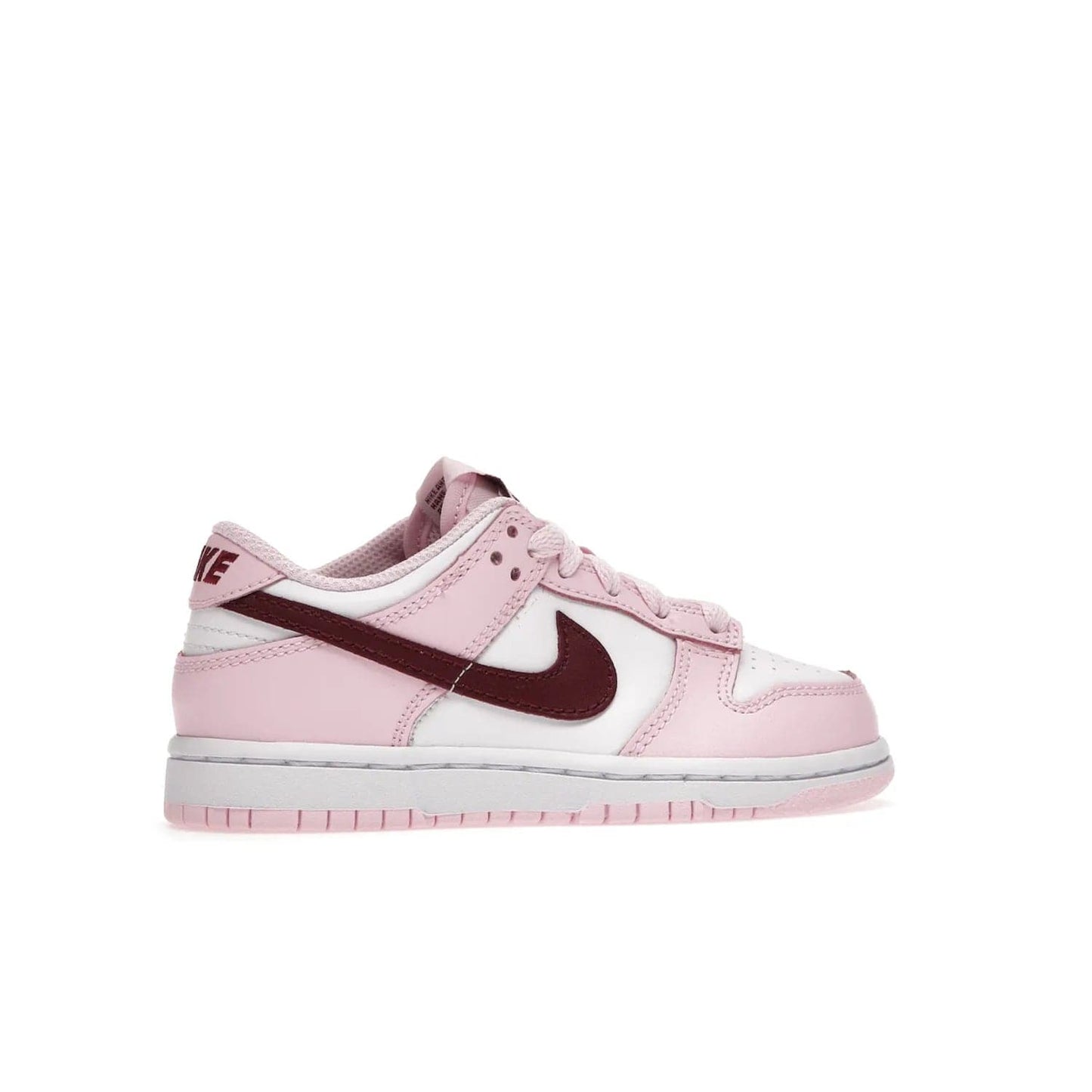 Nike Dunk Low Pink Red White (PS) - Image 35 - Only at www.BallersClubKickz.com - Introducing the Nike Dunk Low Pink Red White (PS), the perfect addition to your sneaker collection. A classic silhouette with modern vibrant colors, including a pink upper with red and white accents and a white midsole. Comfort and durability, perfect for any outfit. Limited edition, available June 22nd.
