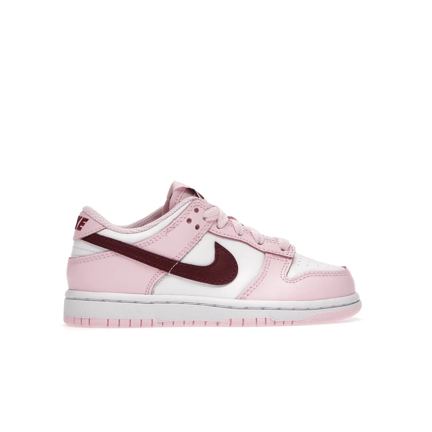 Nike Dunk Low Pink Red White (PS) - Image 36 - Only at www.BallersClubKickz.com - Introducing the Nike Dunk Low Pink Red White (PS), the perfect addition to your sneaker collection. A classic silhouette with modern vibrant colors, including a pink upper with red and white accents and a white midsole. Comfort and durability, perfect for any outfit. Limited edition, available June 22nd.