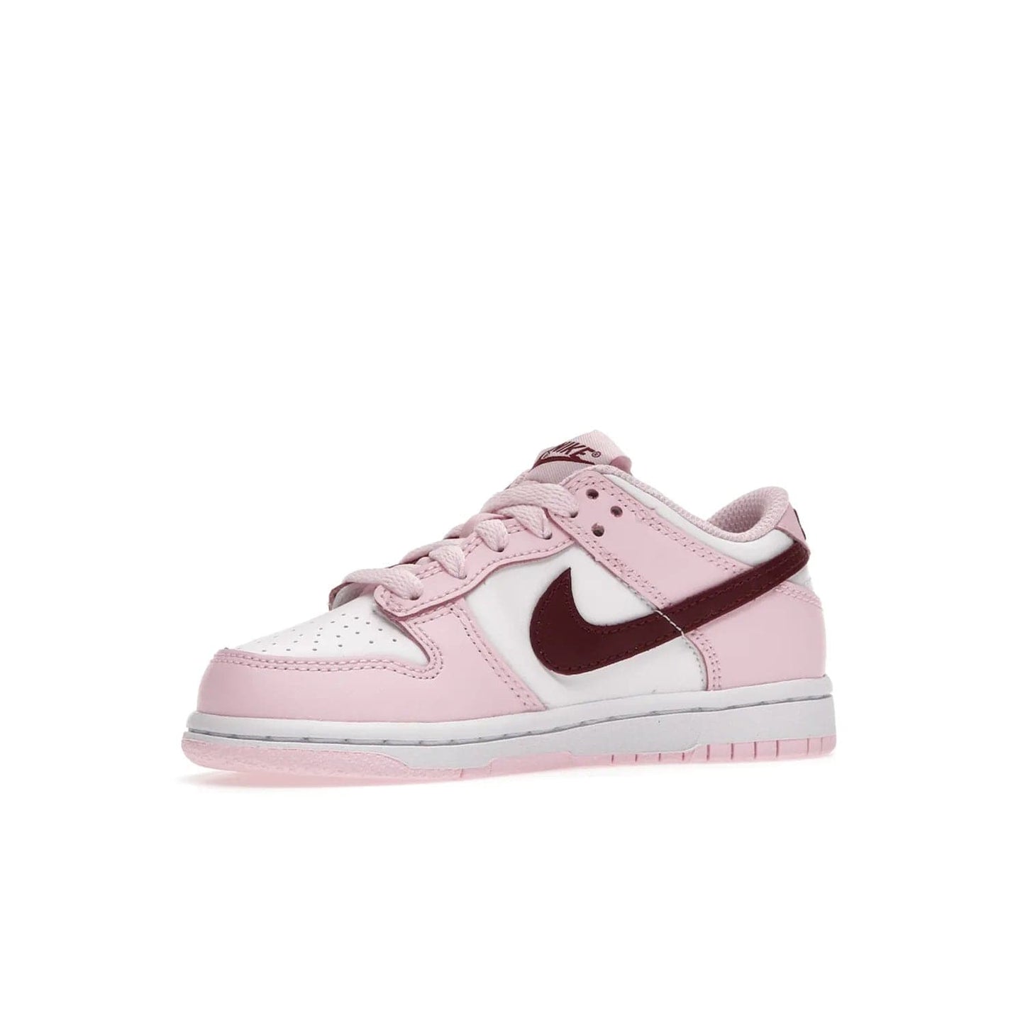 Nike Dunk Low Pink Red White (PS) - Image 16 - Only at www.BallersClubKickz.com - Introducing the Nike Dunk Low Pink Red White (PS), the perfect addition to your sneaker collection. A classic silhouette with modern vibrant colors, including a pink upper with red and white accents and a white midsole. Comfort and durability, perfect for any outfit. Limited edition, available June 22nd.