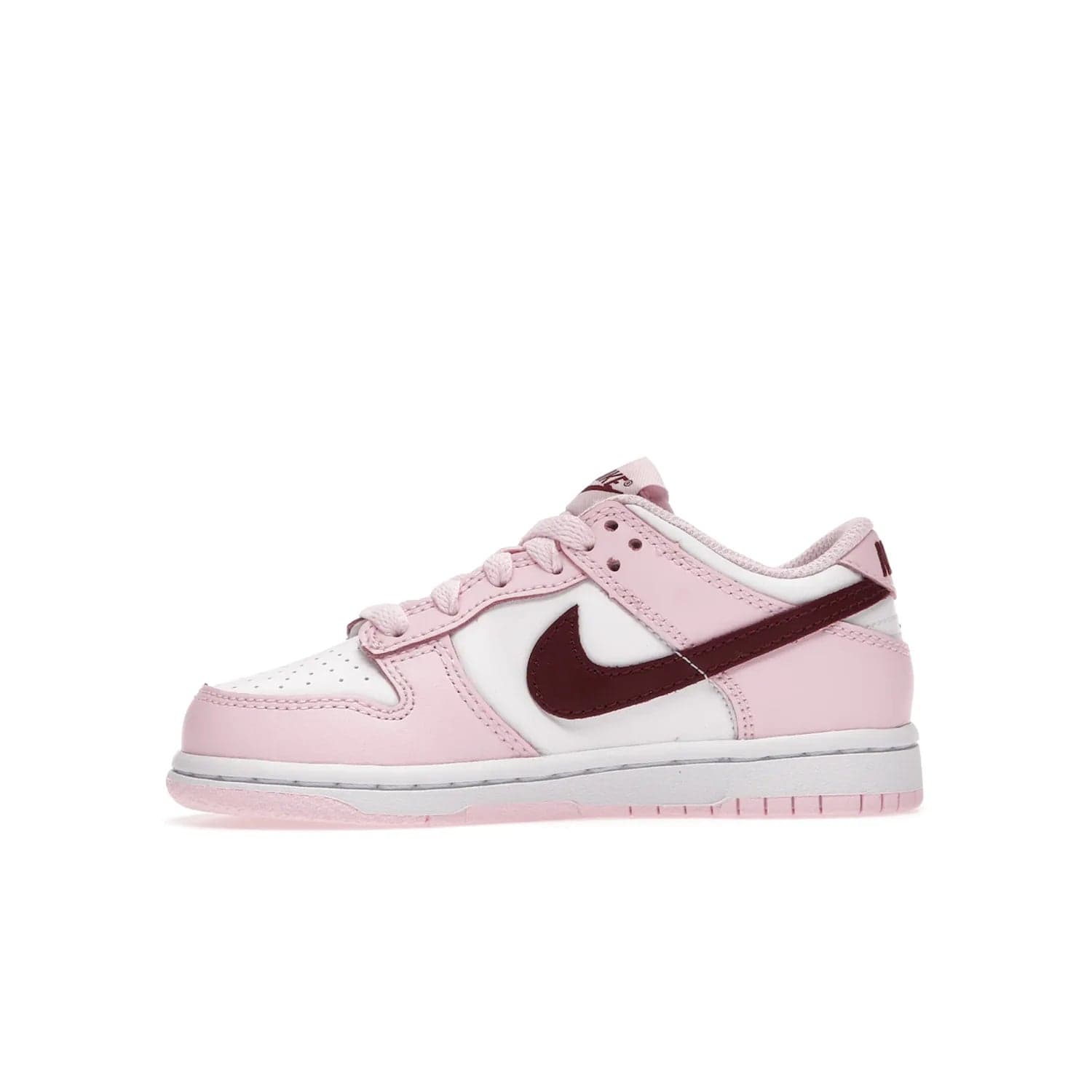 Nike Dunk Low Pink Red White (PS) - Image 18 - Only at www.BallersClubKickz.com - Introducing the Nike Dunk Low Pink Red White (PS), the perfect addition to your sneaker collection. A classic silhouette with modern vibrant colors, including a pink upper with red and white accents and a white midsole. Comfort and durability, perfect for any outfit. Limited edition, available June 22nd.