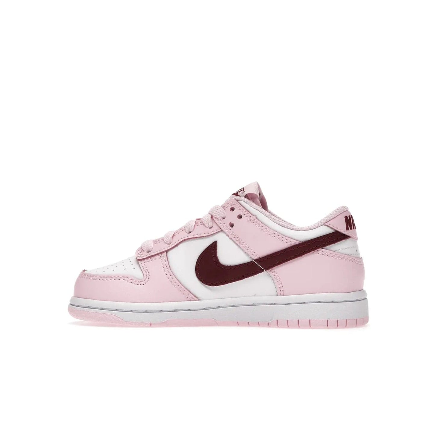Nike Dunk Low Pink Red White (PS) - Image 20 - Only at www.BallersClubKickz.com - Introducing the Nike Dunk Low Pink Red White (PS), the perfect addition to your sneaker collection. A classic silhouette with modern vibrant colors, including a pink upper with red and white accents and a white midsole. Comfort and durability, perfect for any outfit. Limited edition, available June 22nd.