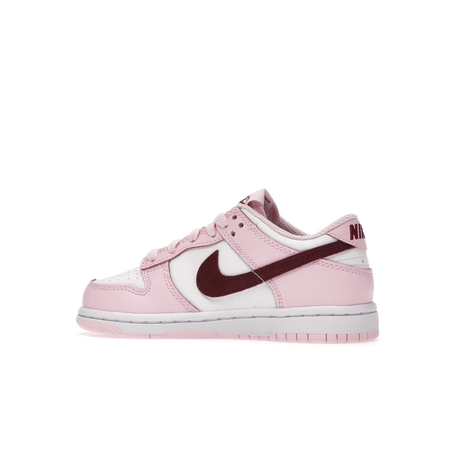 Nike Dunk Low Pink Red White (PS) - Image 21 - Only at www.BallersClubKickz.com - Introducing the Nike Dunk Low Pink Red White (PS), the perfect addition to your sneaker collection. A classic silhouette with modern vibrant colors, including a pink upper with red and white accents and a white midsole. Comfort and durability, perfect for any outfit. Limited edition, available June 22nd.