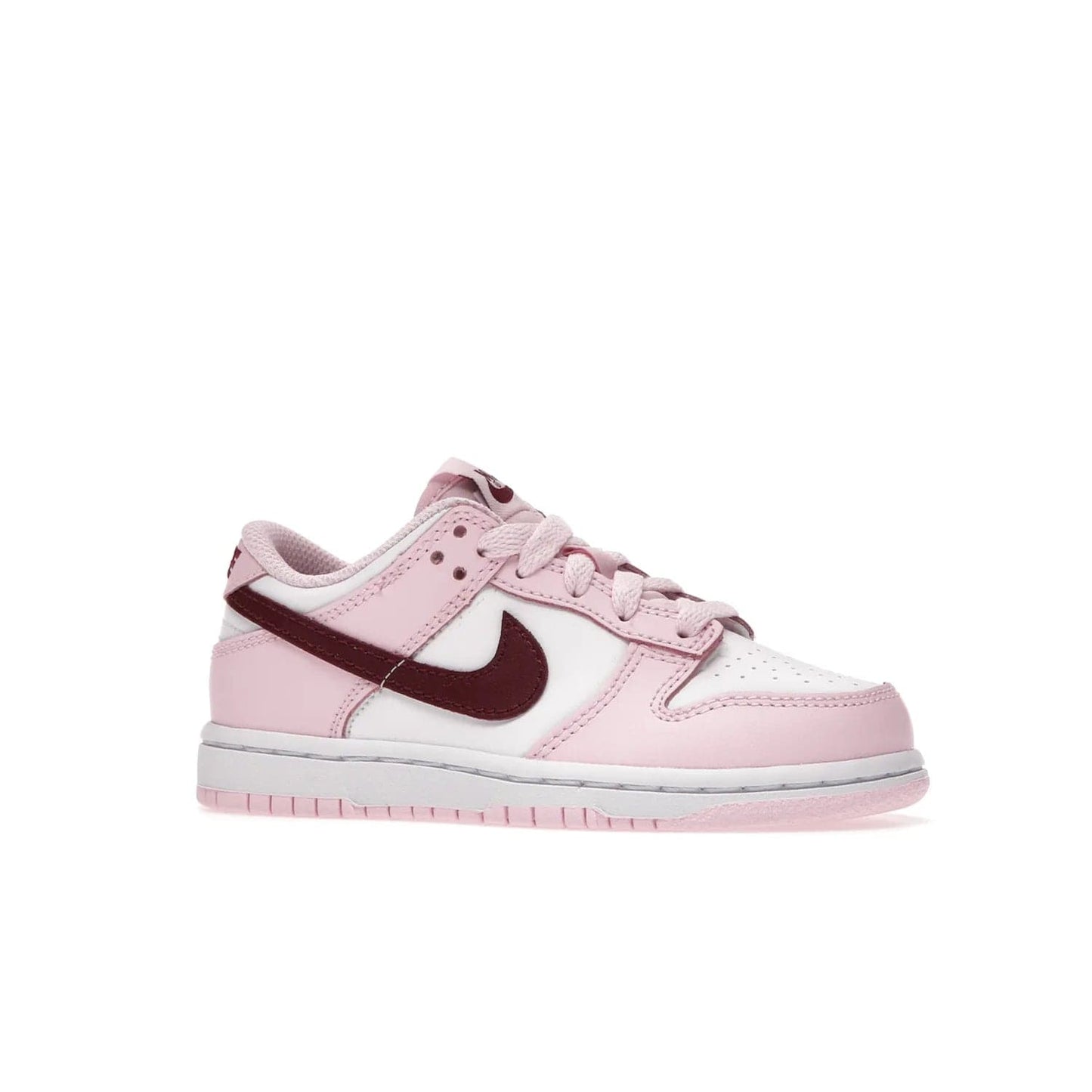 Nike Dunk Low Pink Red White (PS) - Image 3 - Only at www.BallersClubKickz.com - Introducing the Nike Dunk Low Pink Red White (PS), the perfect addition to your sneaker collection. A classic silhouette with modern vibrant colors, including a pink upper with red and white accents and a white midsole. Comfort and durability, perfect for any outfit. Limited edition, available June 22nd.