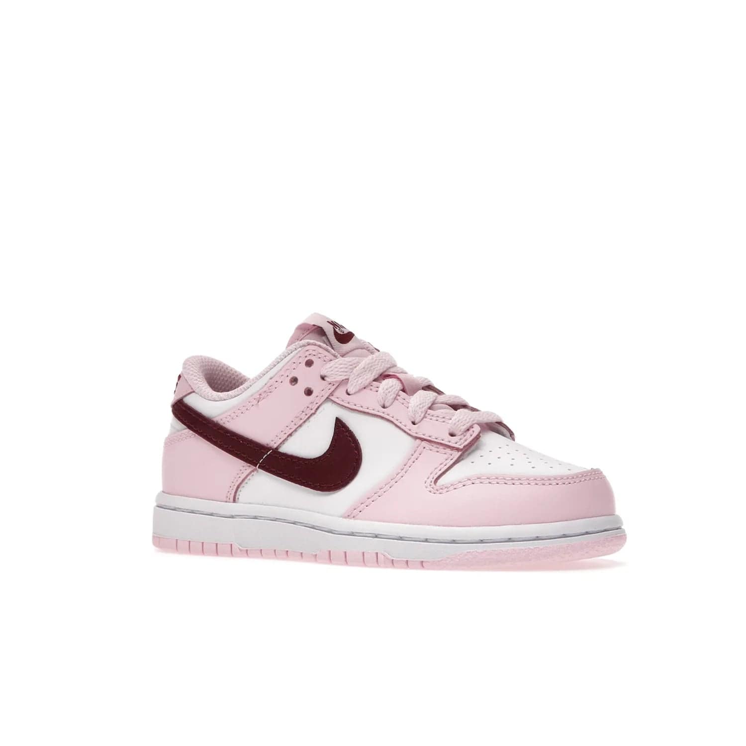 Nike Dunk Low Pink Red White (PS) - Image 4 - Only at www.BallersClubKickz.com - Introducing the Nike Dunk Low Pink Red White (PS), the perfect addition to your sneaker collection. A classic silhouette with modern vibrant colors, including a pink upper with red and white accents and a white midsole. Comfort and durability, perfect for any outfit. Limited edition, available June 22nd.