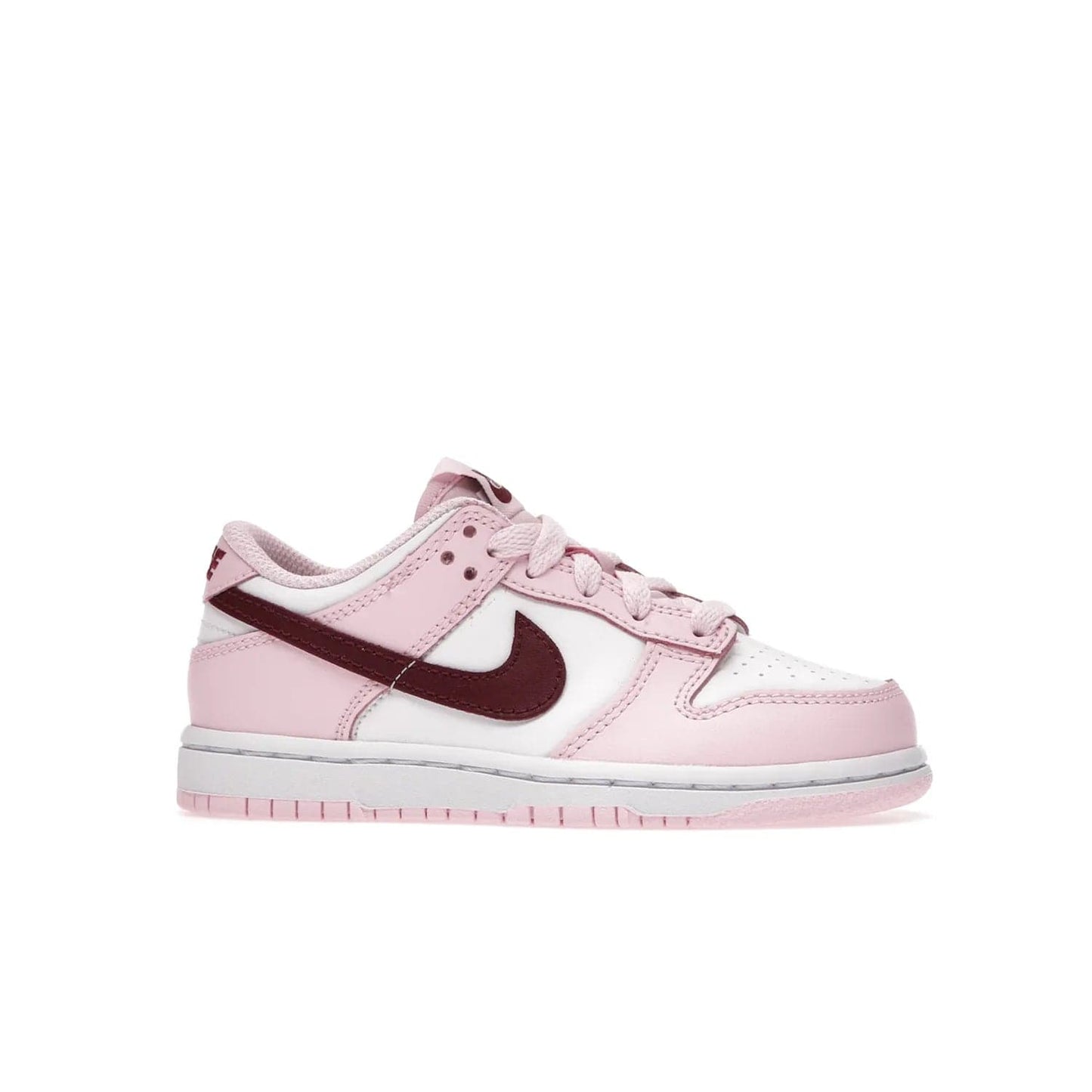 Nike Dunk Low Pink Red White (PS) - Image 2 - Only at www.BallersClubKickz.com - Introducing the Nike Dunk Low Pink Red White (PS), the perfect addition to your sneaker collection. A classic silhouette with modern vibrant colors, including a pink upper with red and white accents and a white midsole. Comfort and durability, perfect for any outfit. Limited edition, available June 22nd.