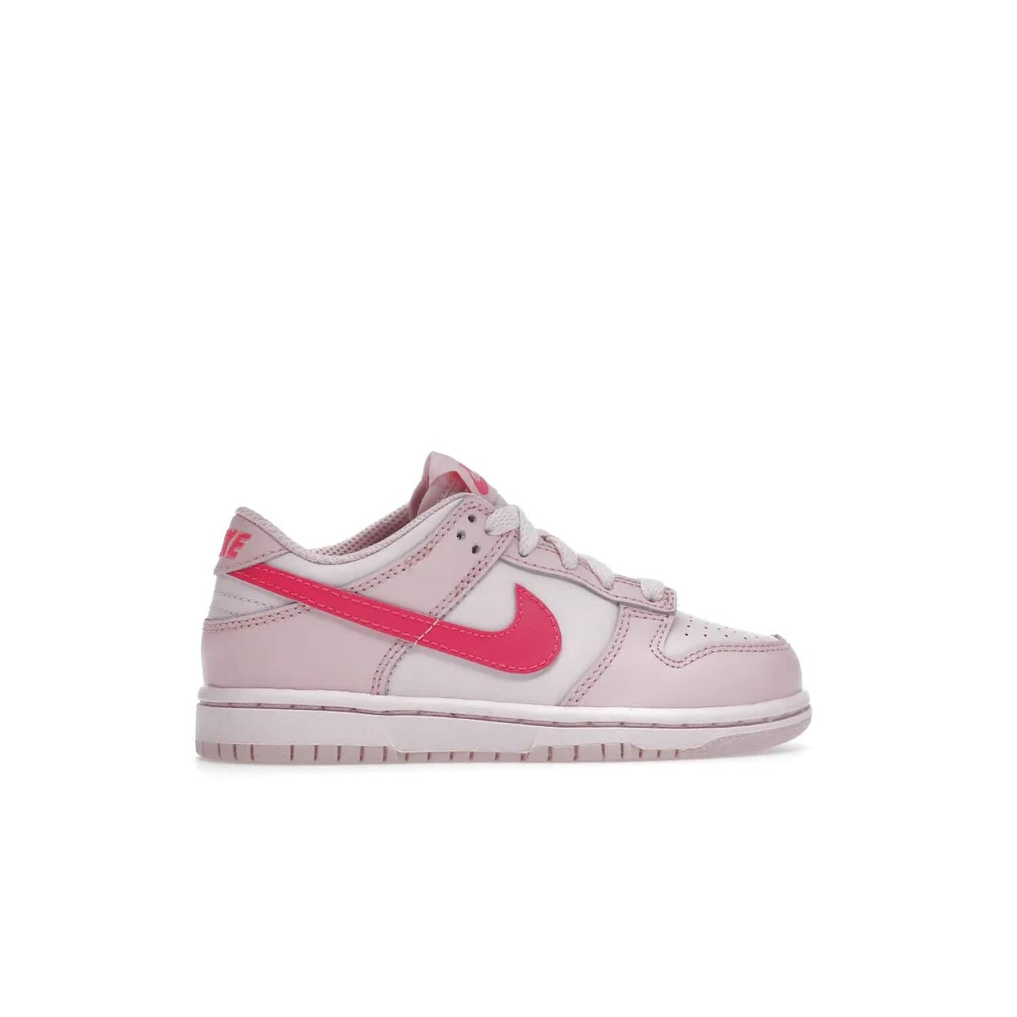 Nike Dunk Low Triple Pink (PS) - Image 36 - Only at www.BallersClubKickz.com - A stunning shoe option for completing any look: Nike Dunk Low Triple Pink (Preschool). Light pink layered leather upper with darker pink synthetic accents. Plus toe box of perforated pink leather and Nike symbol embroidered pull tab. Rubber midsole and outsole. Affordable price of $85.
