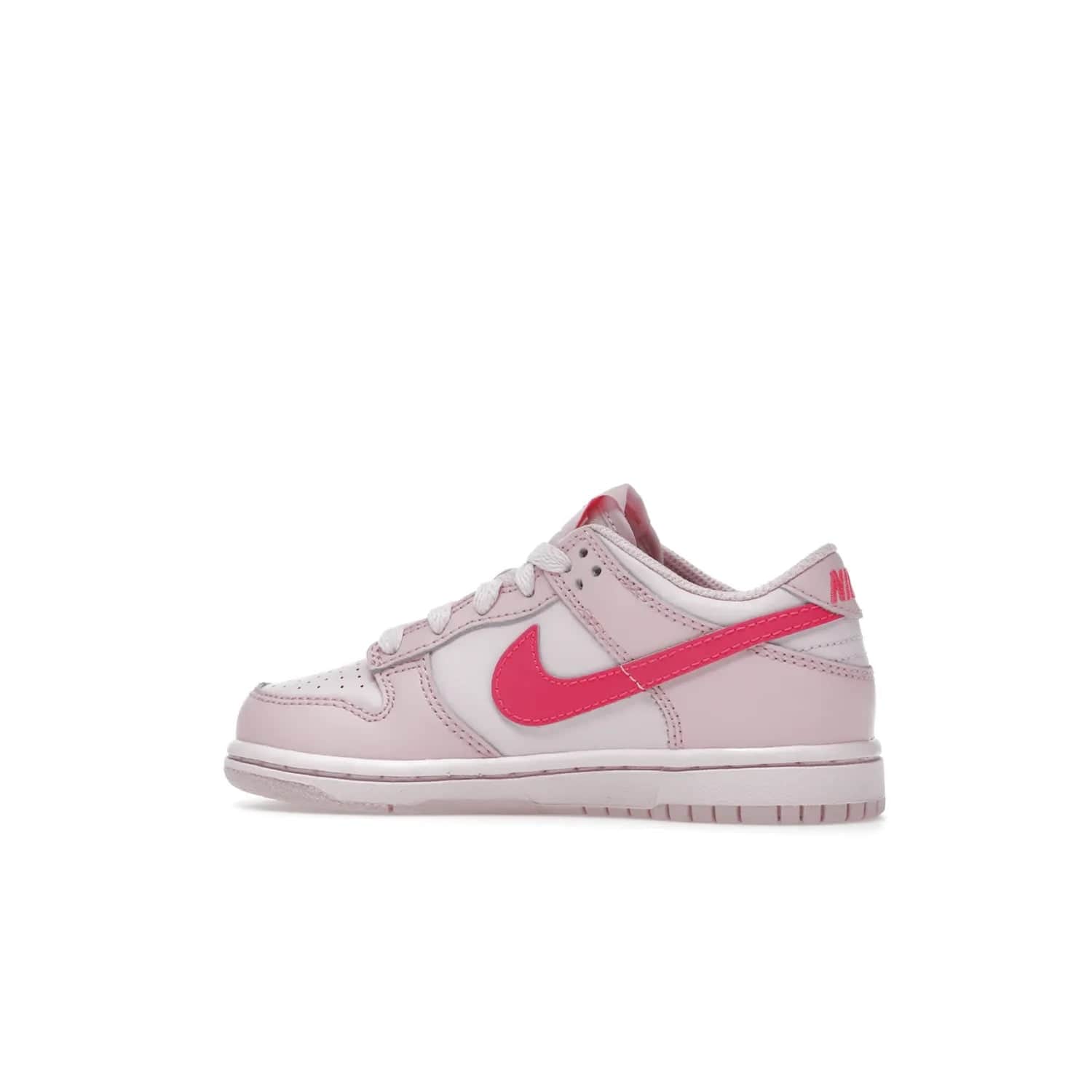 Nike Dunk Low Triple Pink (PS) - Image 21 - Only at www.BallersClubKickz.com - A stunning shoe option for completing any look: Nike Dunk Low Triple Pink (Preschool). Light pink layered leather upper with darker pink synthetic accents. Plus toe box of perforated pink leather and Nike symbol embroidered pull tab. Rubber midsole and outsole. Affordable price of $85.