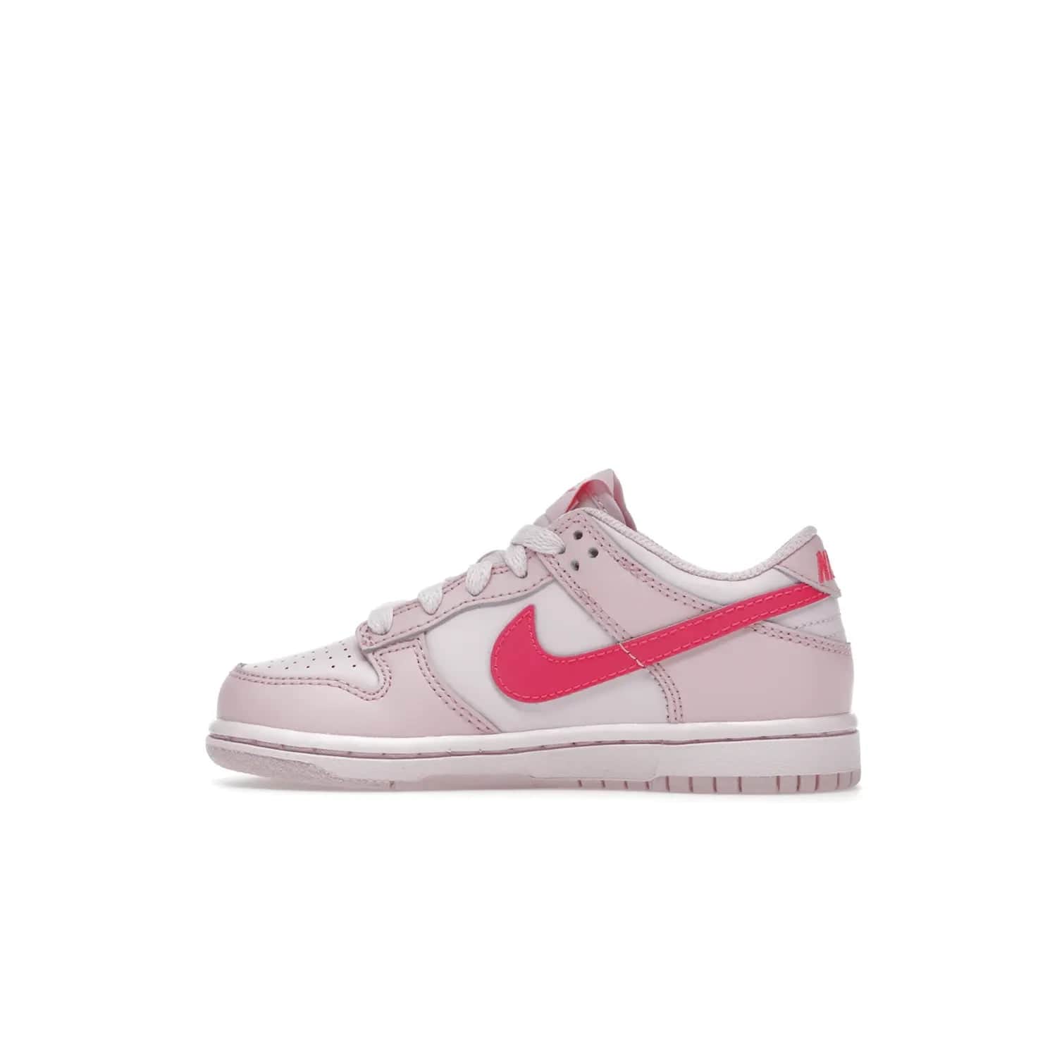 Nike Dunk Low Triple Pink (PS) - Image 20 - Only at www.BallersClubKickz.com - A stunning shoe option for completing any look: Nike Dunk Low Triple Pink (Preschool). Light pink layered leather upper with darker pink synthetic accents. Plus toe box of perforated pink leather and Nike symbol embroidered pull tab. Rubber midsole and outsole. Affordable price of $85.