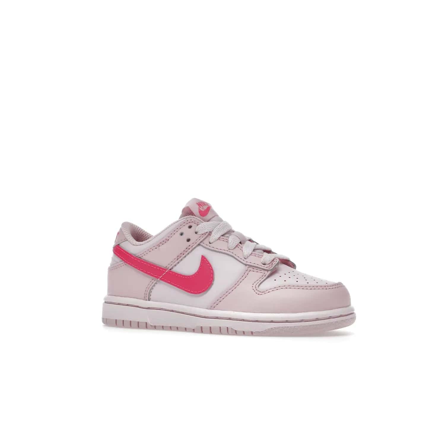 Nike Dunk Low Triple Pink (PS) - Image 4 - Only at www.BallersClubKickz.com - A stunning shoe option for completing any look: Nike Dunk Low Triple Pink (Preschool). Light pink layered leather upper with darker pink synthetic accents. Plus toe box of perforated pink leather and Nike symbol embroidered pull tab. Rubber midsole and outsole. Affordable price of $85.