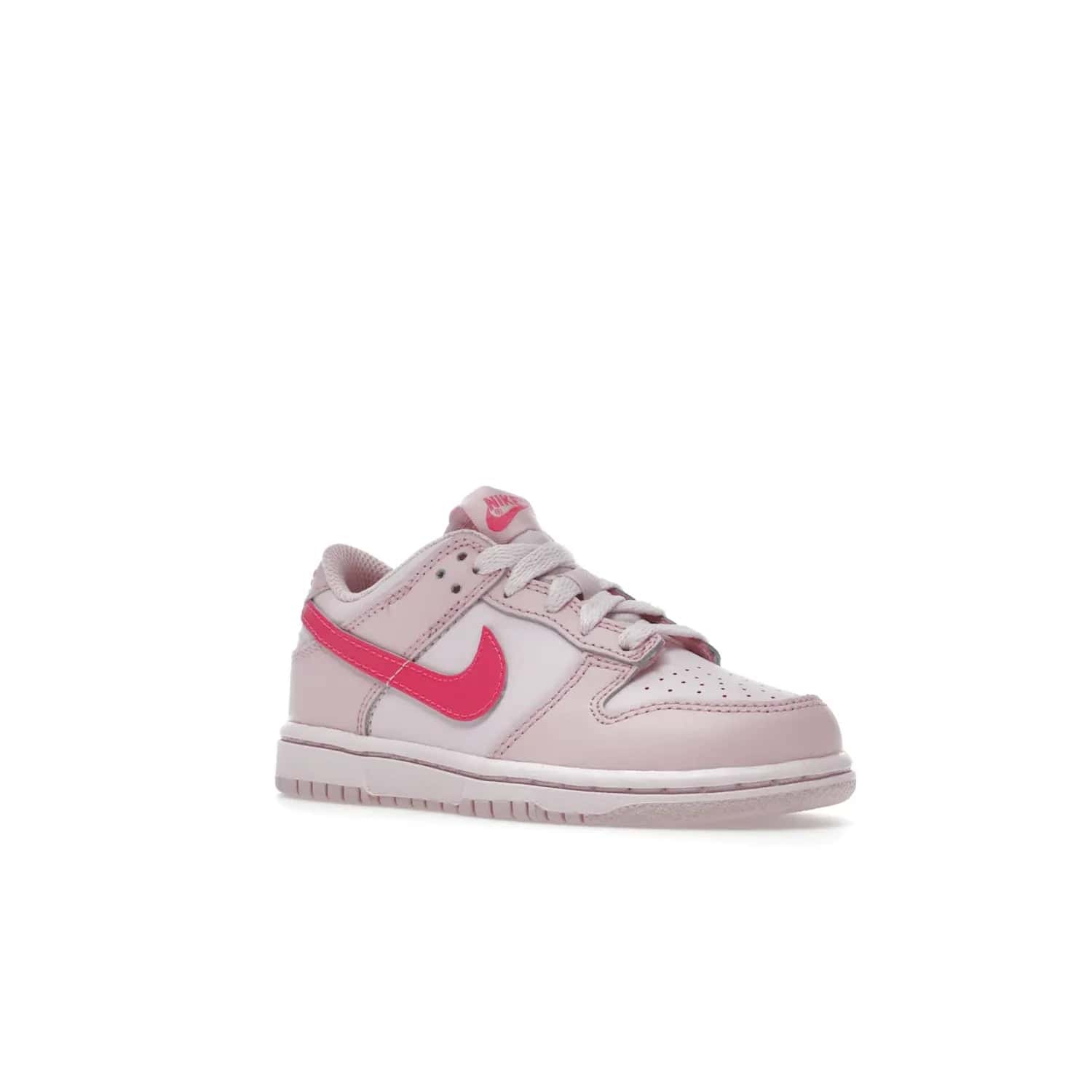 Nike Dunk Low Triple Pink (PS) - Image 5 - Only at www.BallersClubKickz.com - A stunning shoe option for completing any look: Nike Dunk Low Triple Pink (Preschool). Light pink layered leather upper with darker pink synthetic accents. Plus toe box of perforated pink leather and Nike symbol embroidered pull tab. Rubber midsole and outsole. Affordable price of $85.