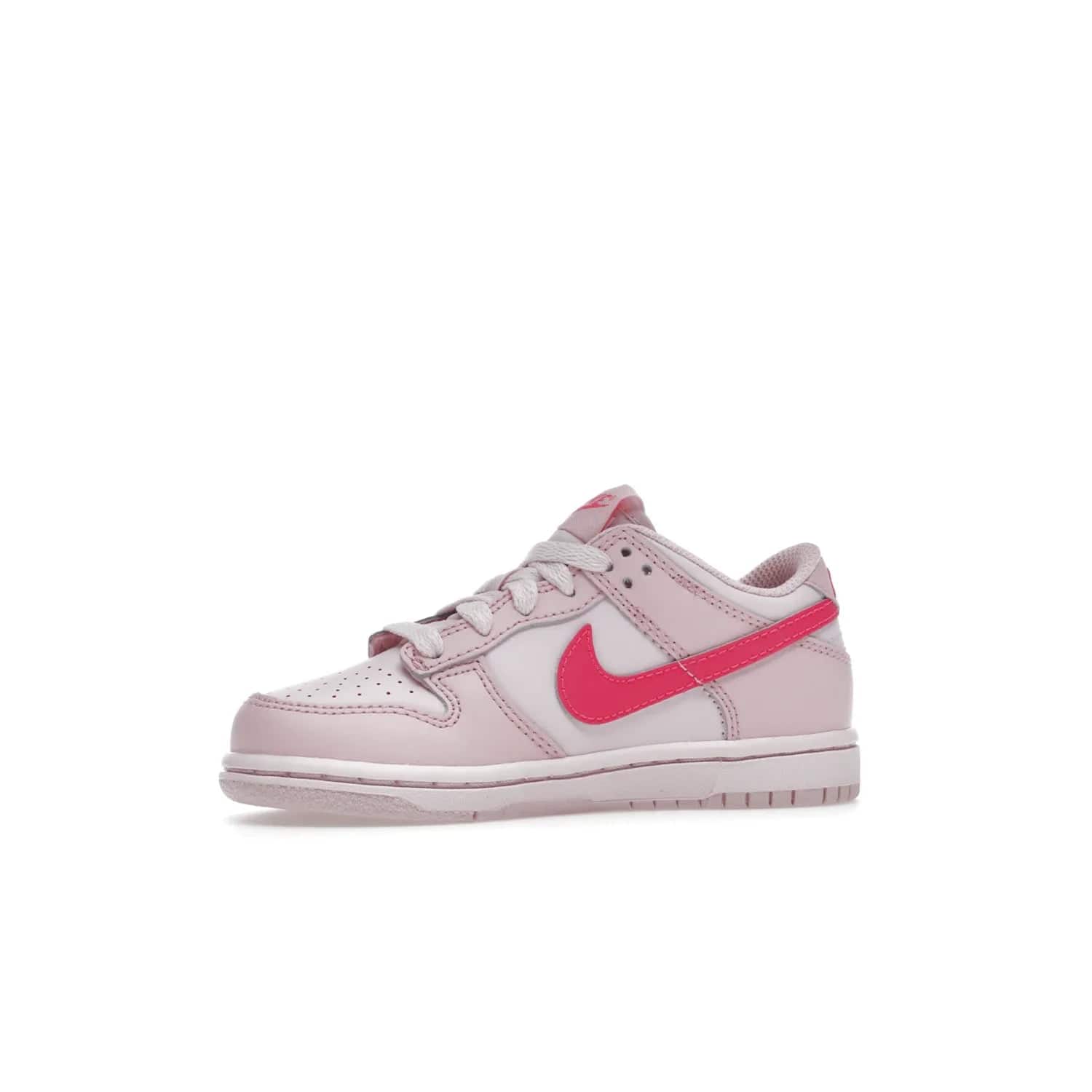 Nike Dunk Low Triple Pink (PS) - Image 17 - Only at www.BallersClubKickz.com - A stunning shoe option for completing any look: Nike Dunk Low Triple Pink (Preschool). Light pink layered leather upper with darker pink synthetic accents. Plus toe box of perforated pink leather and Nike symbol embroidered pull tab. Rubber midsole and outsole. Affordable price of $85.