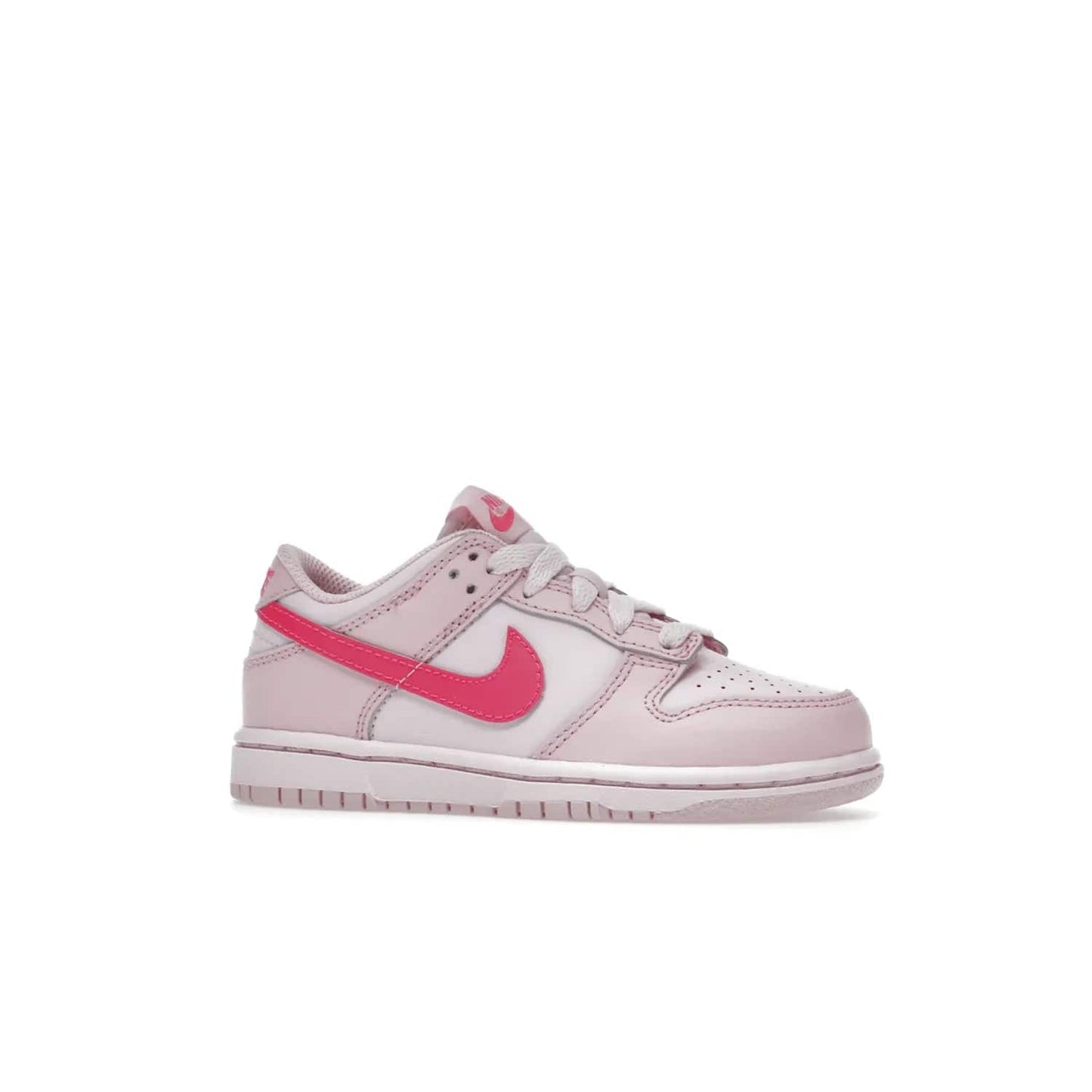 Nike Dunk Low Triple Pink (PS) - Image 3 - Only at www.BallersClubKickz.com - A stunning shoe option for completing any look: Nike Dunk Low Triple Pink (Preschool). Light pink layered leather upper with darker pink synthetic accents. Plus toe box of perforated pink leather and Nike symbol embroidered pull tab. Rubber midsole and outsole. Affordable price of $85.