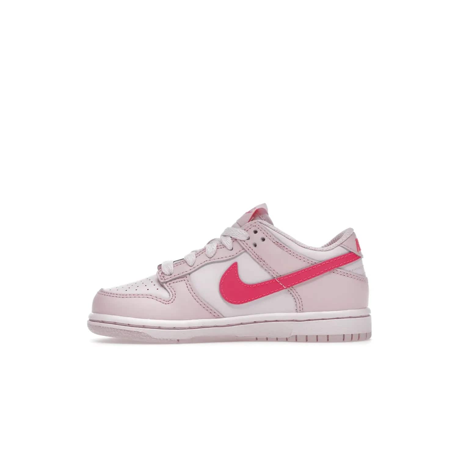 Nike Dunk Low Triple Pink (PS) - Image 19 - Only at www.BallersClubKickz.com - A stunning shoe option for completing any look: Nike Dunk Low Triple Pink (Preschool). Light pink layered leather upper with darker pink synthetic accents. Plus toe box of perforated pink leather and Nike symbol embroidered pull tab. Rubber midsole and outsole. Affordable price of $85.