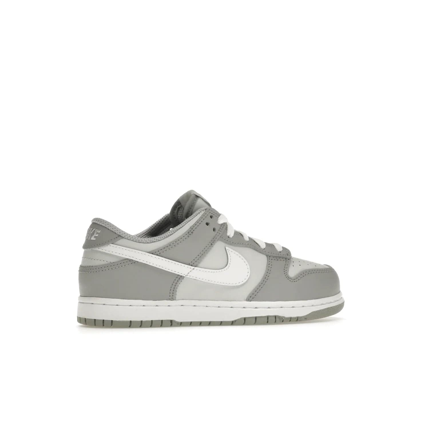 Nike Dunk Low Two-Toned Grey (PS) - Image 35 - Only at www.BallersClubKickz.com - Classic Nike style for your little one with the Nike Dunk Low Two-Toned Grey (Preschool). White laces, white tongue, white leather swoosh, grey sole & midsole, and patches of grey leather are timeless classics. Released March 2022 for comfort & style.