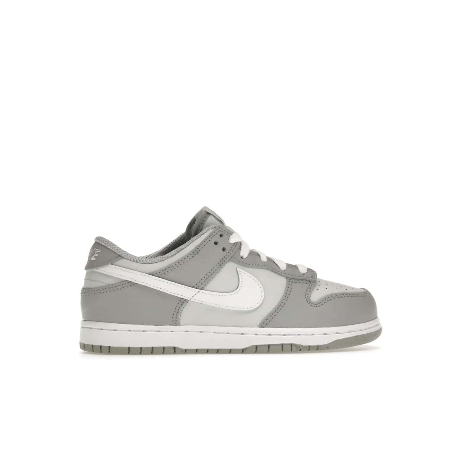 Nike Dunk Low Two-Toned Grey (PS) - Image 36 - Only at www.BallersClubKickz.com - Classic Nike style for your little one with the Nike Dunk Low Two-Toned Grey (Preschool). White laces, white tongue, white leather swoosh, grey sole & midsole, and patches of grey leather are timeless classics. Released March 2022 for comfort & style.