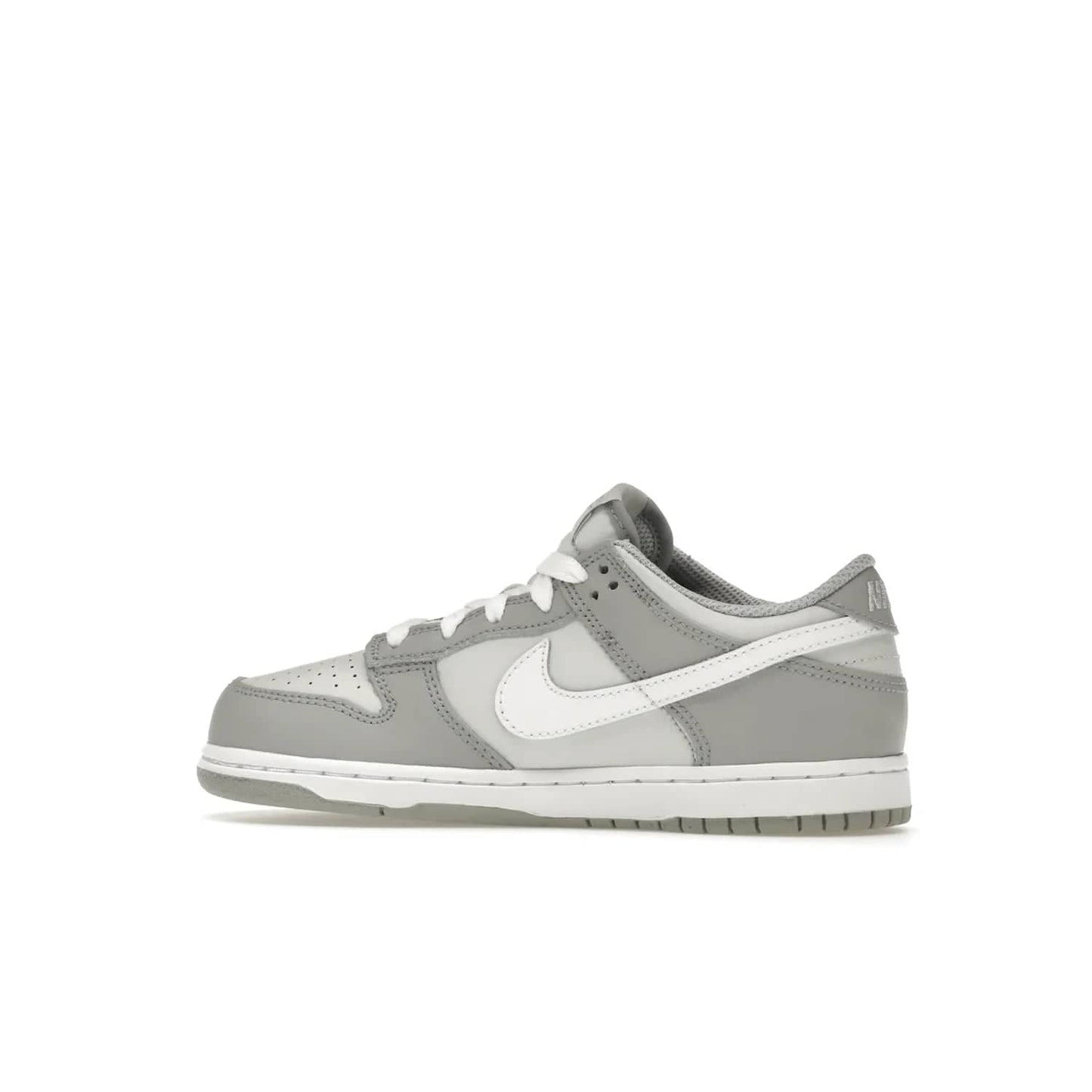 Nike Dunk Low Two-Toned Grey (PS) - Image 21 - Only at www.BallersClubKickz.com - Classic Nike style for your little one with the Nike Dunk Low Two-Toned Grey (Preschool). White laces, white tongue, white leather swoosh, grey sole & midsole, and patches of grey leather are timeless classics. Released March 2022 for comfort & style.