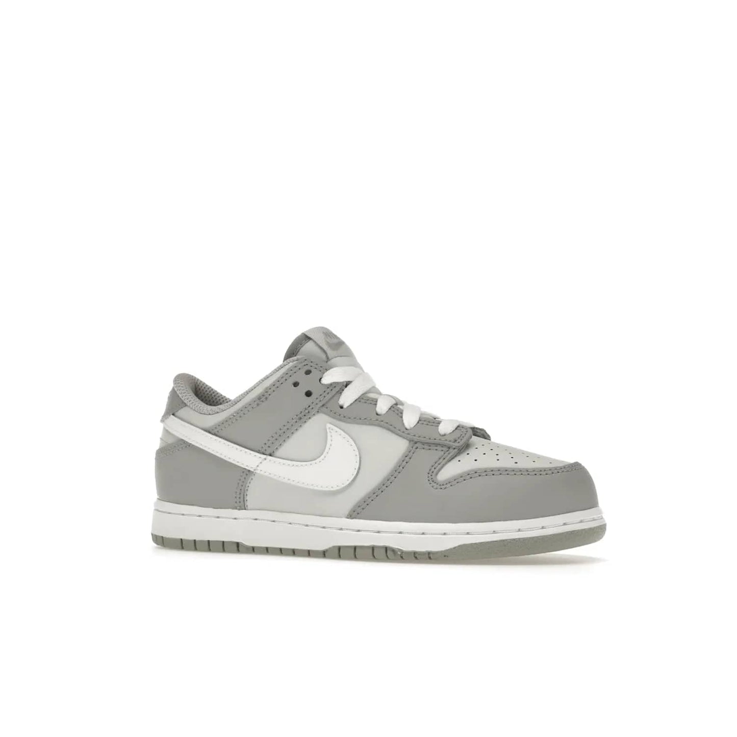Nike Dunk Low Two-Toned Grey (PS) - Image 4 - Only at www.BallersClubKickz.com - Classic Nike style for your little one with the Nike Dunk Low Two-Toned Grey (Preschool). White laces, white tongue, white leather swoosh, grey sole & midsole, and patches of grey leather are timeless classics. Released March 2022 for comfort & style.