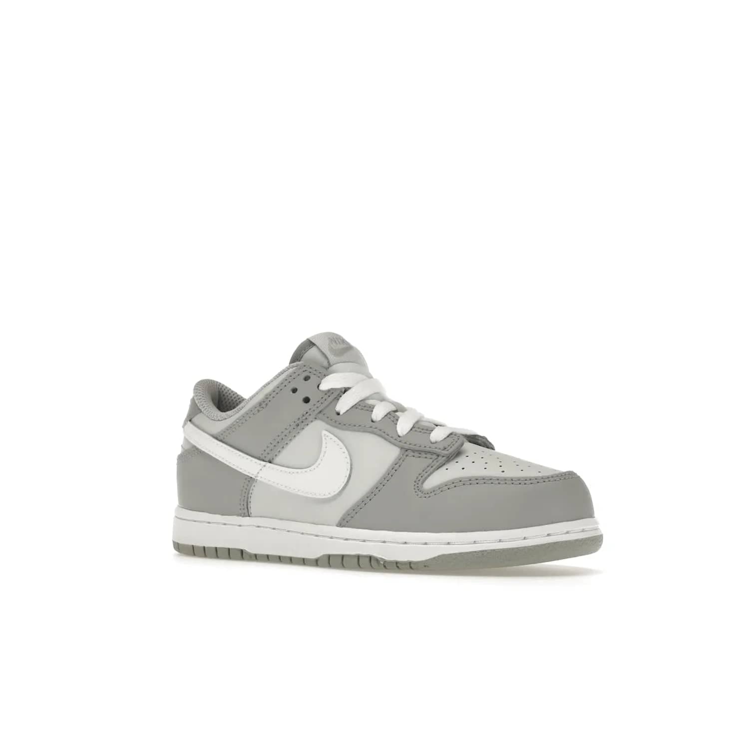 Nike Dunk Low Two-Toned Grey (PS) - Image 5 - Only at www.BallersClubKickz.com - Classic Nike style for your little one with the Nike Dunk Low Two-Toned Grey (Preschool). White laces, white tongue, white leather swoosh, grey sole & midsole, and patches of grey leather are timeless classics. Released March 2022 for comfort & style.