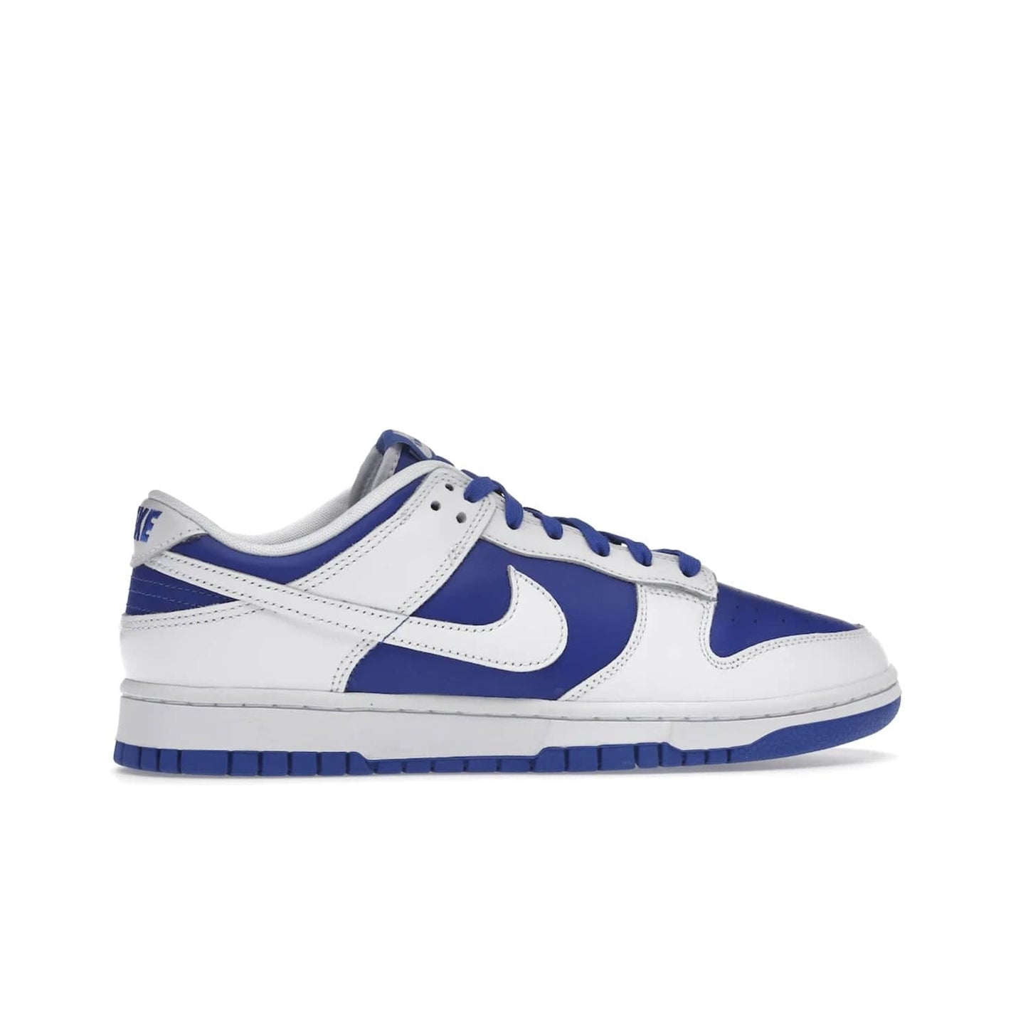 Nike Dunk Low Racer Blue White - Image 36 - Only at www.BallersClubKickz.com - Sleek Racer Blue leather upper and white leather overlays make up the Nike Dunk Low Racer Blue White. Woven tag and heel embroidery for a 1985 Dunk look with a matching EVA foam sole completes the classic colorway.