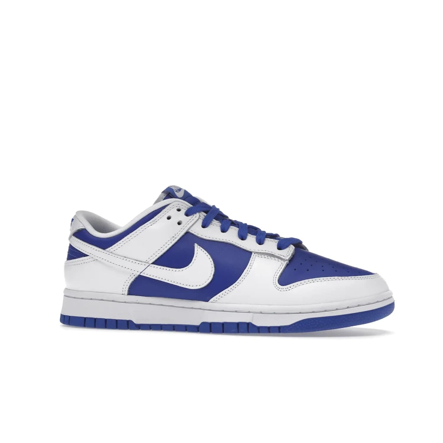 Nike Dunk Low Racer Blue White - Image 3 - Only at www.BallersClubKickz.com - Sleek Racer Blue leather upper and white leather overlays make up the Nike Dunk Low Racer Blue White. Woven tag and heel embroidery for a 1985 Dunk look with a matching EVA foam sole completes the classic colorway.