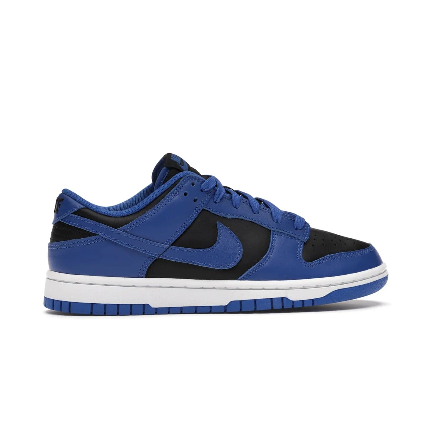 Nike Dunk Low Retro Black Hyper Cobalt (2021) - Image 36 - Only at www.BallersClubKickz.com - New limited-release Nike Dunk Low Retro Black/Hyper Cobalt (2021). The upper features a mix of black and hyper cobalt leather overlays, a classic basketball design and embroidered black "NIKE" branding. Get the shoe now for $100 and make a statement.