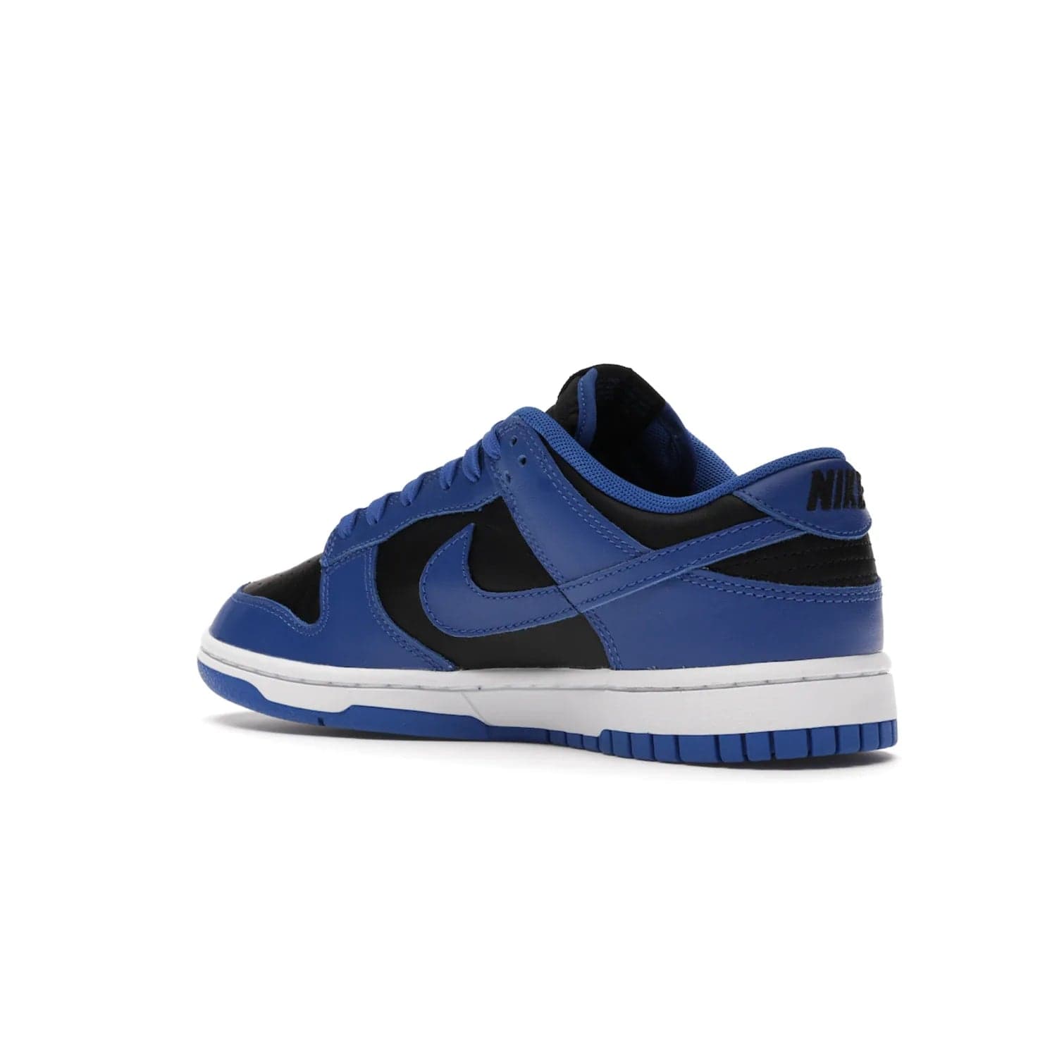 Nike Dunk Low Retro Black Hyper Cobalt (2021) - Image 23 - Only at www.BallersClubKickz.com - New limited-release Nike Dunk Low Retro Black/Hyper Cobalt (2021). The upper features a mix of black and hyper cobalt leather overlays, a classic basketball design and embroidered black "NIKE" branding. Get the shoe now for $100 and make a statement.