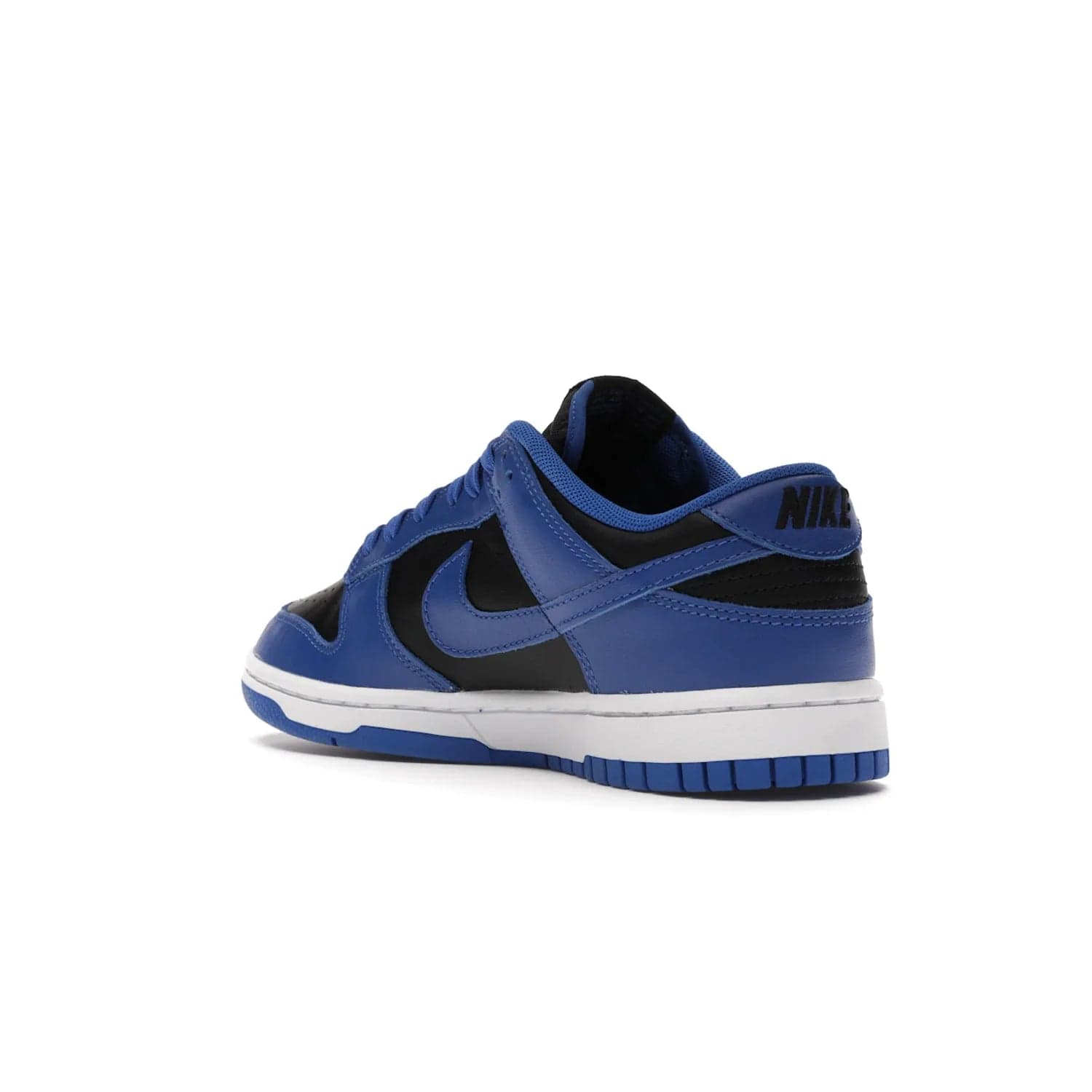 Nike Dunk Low Retro Black Hyper Cobalt (2021) - Image 24 - Only at www.BallersClubKickz.com - New limited-release Nike Dunk Low Retro Black/Hyper Cobalt (2021). The upper features a mix of black and hyper cobalt leather overlays, a classic basketball design and embroidered black "NIKE" branding. Get the shoe now for $100 and make a statement.
