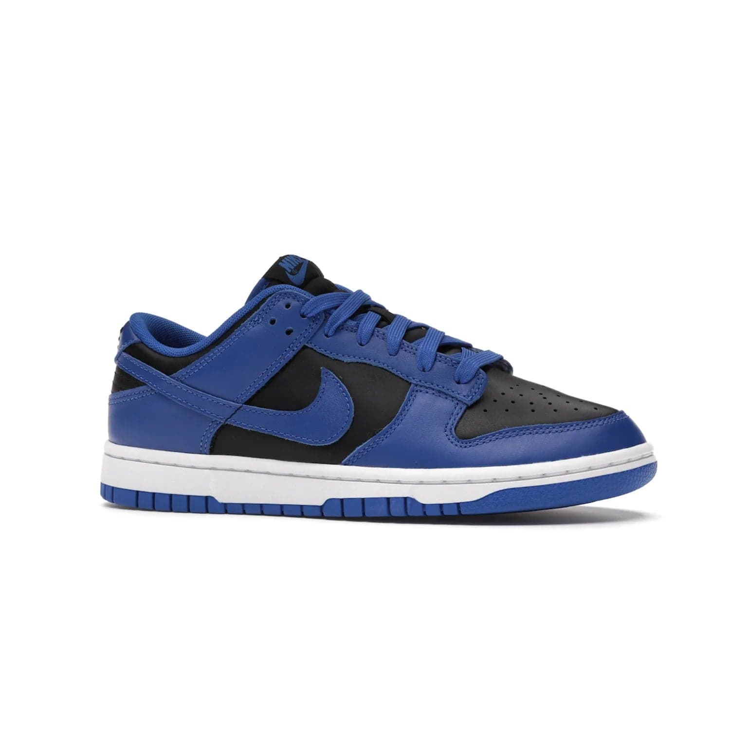 Nike Dunk Low Retro Black Hyper Cobalt (2021) - Image 3 - Only at www.BallersClubKickz.com - New limited-release Nike Dunk Low Retro Black/Hyper Cobalt (2021). The upper features a mix of black and hyper cobalt leather overlays, a classic basketball design and embroidered black "NIKE" branding. Get the shoe now for $100 and make a statement.