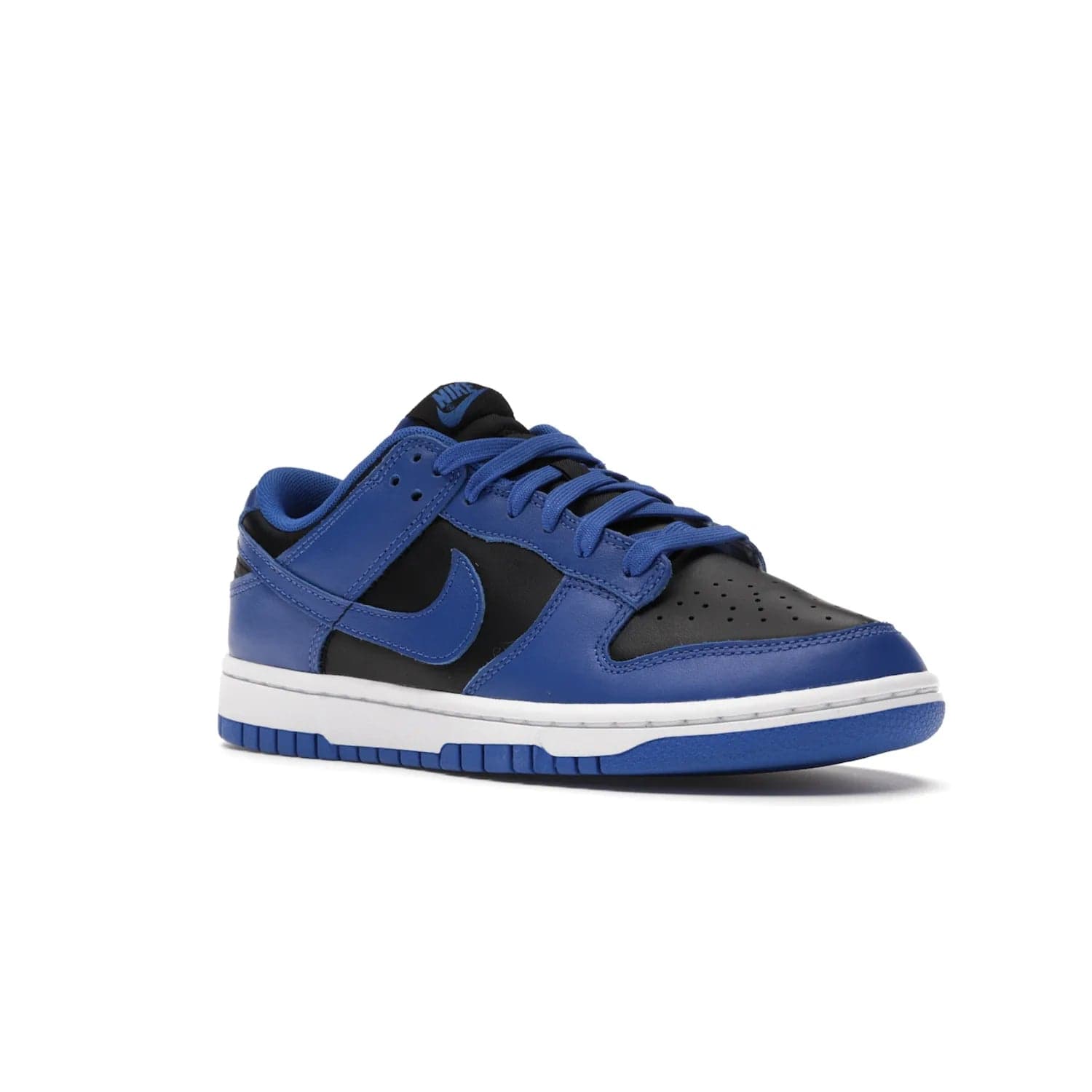 Nike Dunk Low Retro Black Hyper Cobalt (2021) - Image 5 - Only at www.BallersClubKickz.com - New limited-release Nike Dunk Low Retro Black/Hyper Cobalt (2021). The upper features a mix of black and hyper cobalt leather overlays, a classic basketball design and embroidered black "NIKE" branding. Get the shoe now for $100 and make a statement.