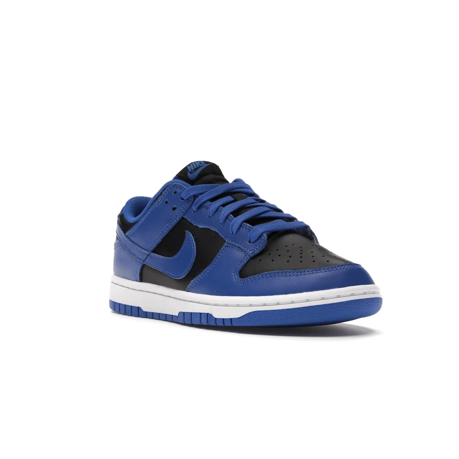 Nike Dunk Low Retro Black Hyper Cobalt (2021) - Image 6 - Only at www.BallersClubKickz.com - New limited-release Nike Dunk Low Retro Black/Hyper Cobalt (2021). The upper features a mix of black and hyper cobalt leather overlays, a classic basketball design and embroidered black "NIKE" branding. Get the shoe now for $100 and make a statement.