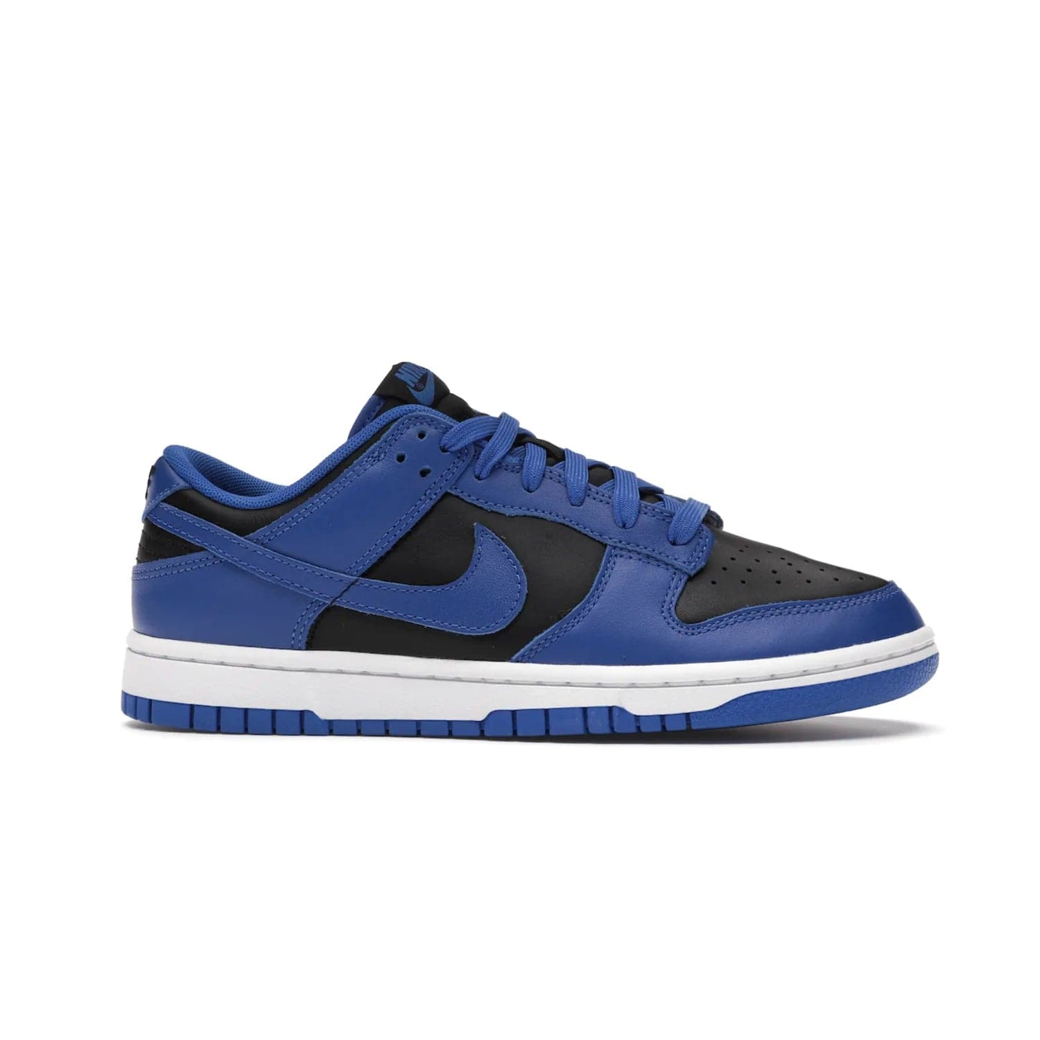 Nike Dunk Low Retro Black Hyper Cobalt (2021) - Image 2 - Only at www.BallersClubKickz.com - New limited-release Nike Dunk Low Retro Black/Hyper Cobalt (2021). The upper features a mix of black and hyper cobalt leather overlays, a classic basketball design and embroidered black "NIKE" branding. Get the shoe now for $100 and make a statement.